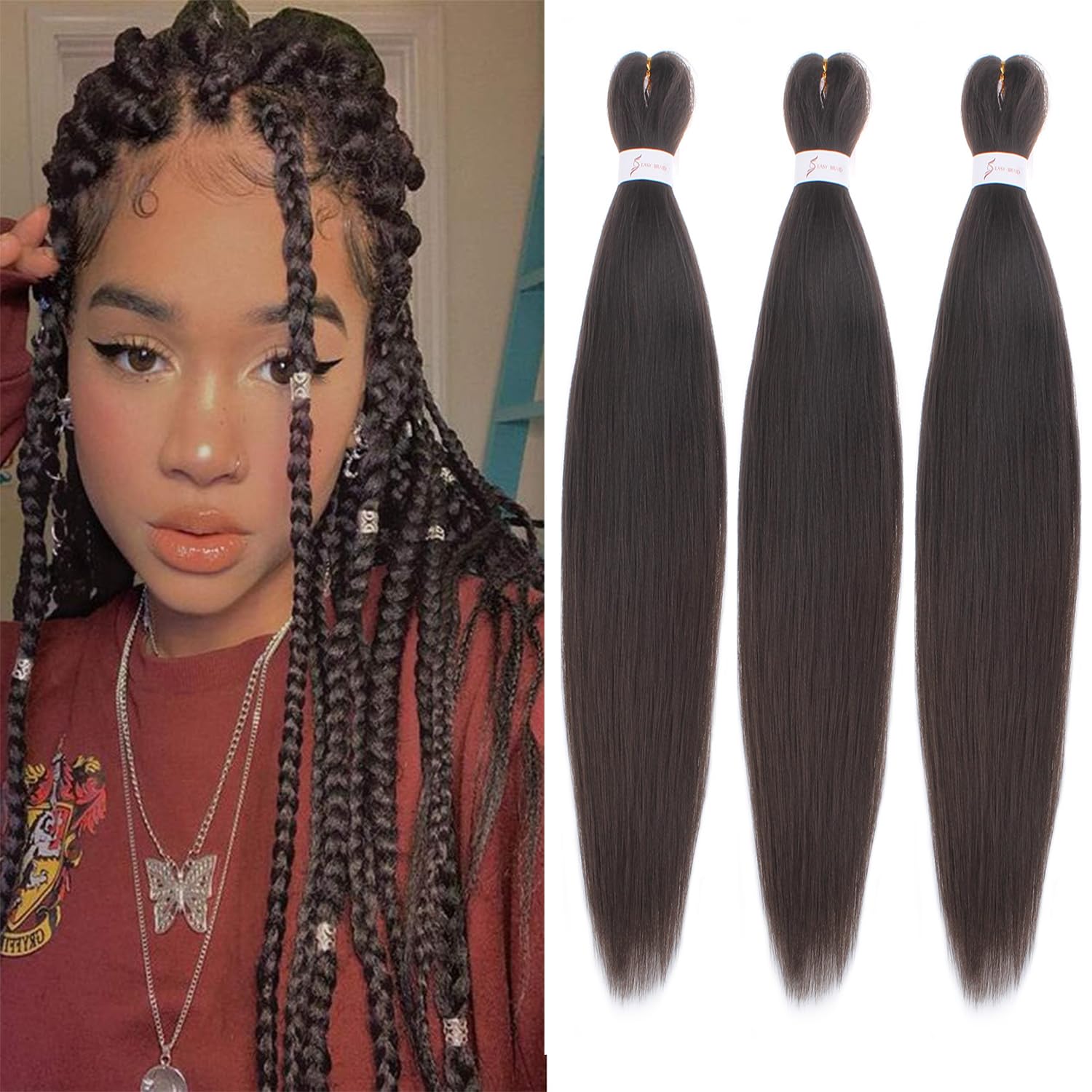 Xtrend 16 Inch Dark Brown EZ Braids 3Packs Pre-Stretched EZ Braiding Hair Extensions for Box Braids Hair Hot Water Setting Synthetic Fiber Hair Extensions(3Packs,4#)