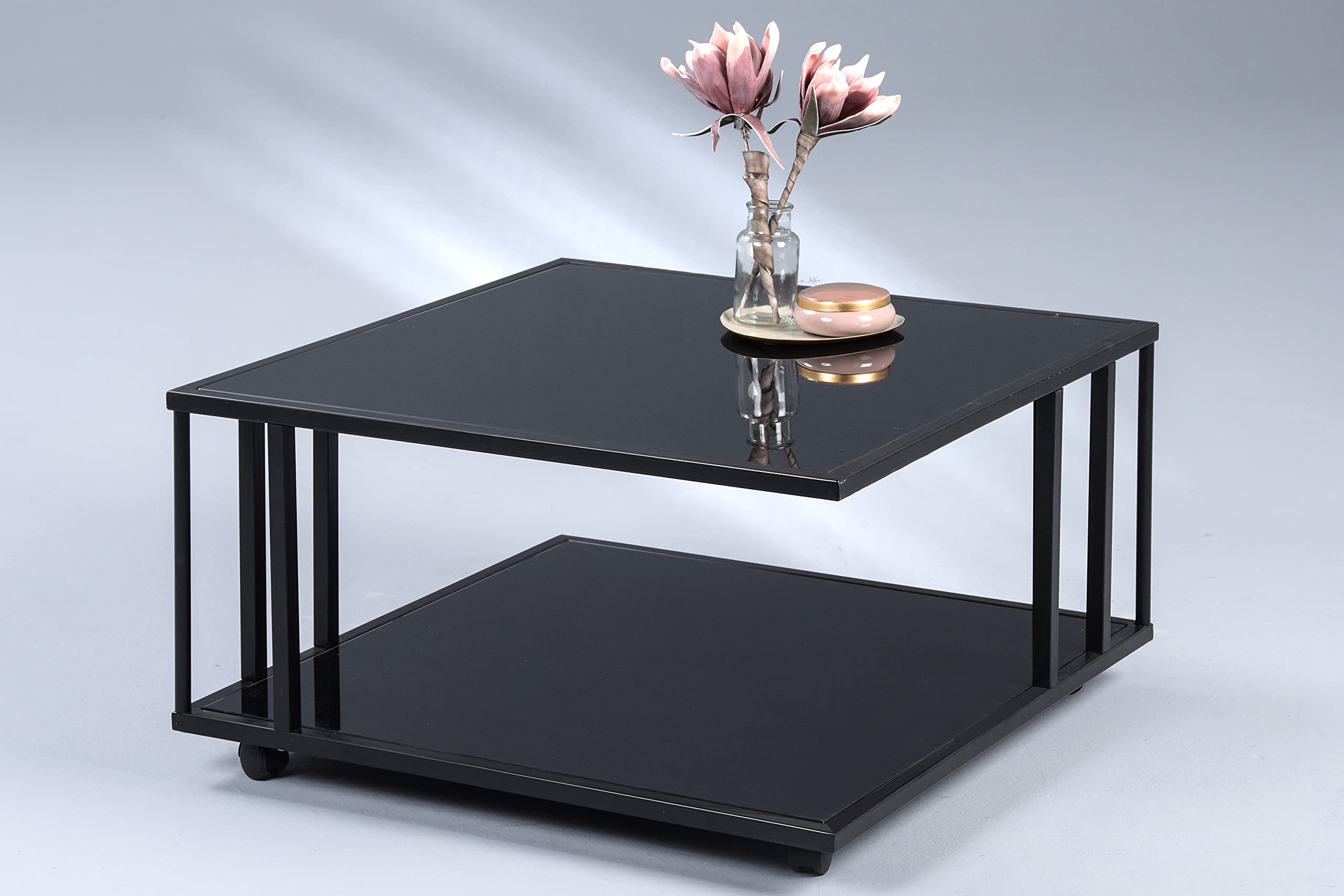 M2 Kollektion Paris 2 – Moderner Couchtisch 75x41x75 cm | Deck- und Ablageplatte aus 6 mm schwarz lackiertem Glas | Metallgestell auf Rollen