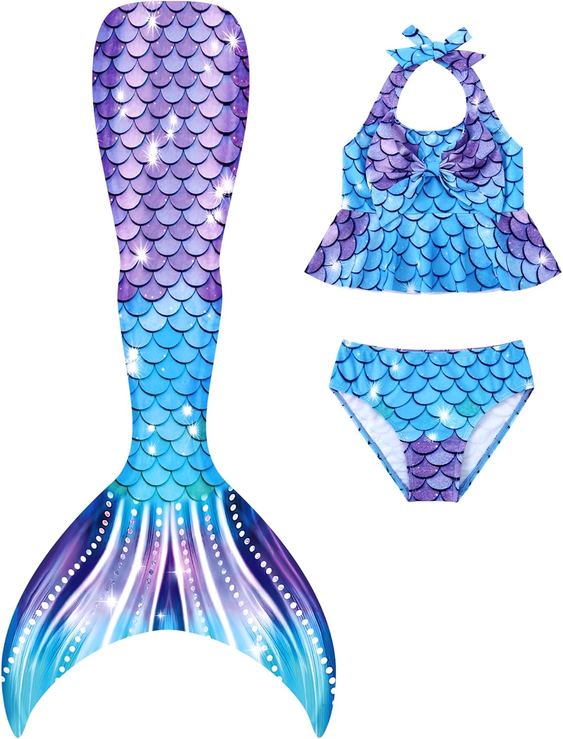 Girls Mermaid Swimsuit Kids 3PCS Halter Bikini with Bow Cute Beach Bathing Suit 4-10Y