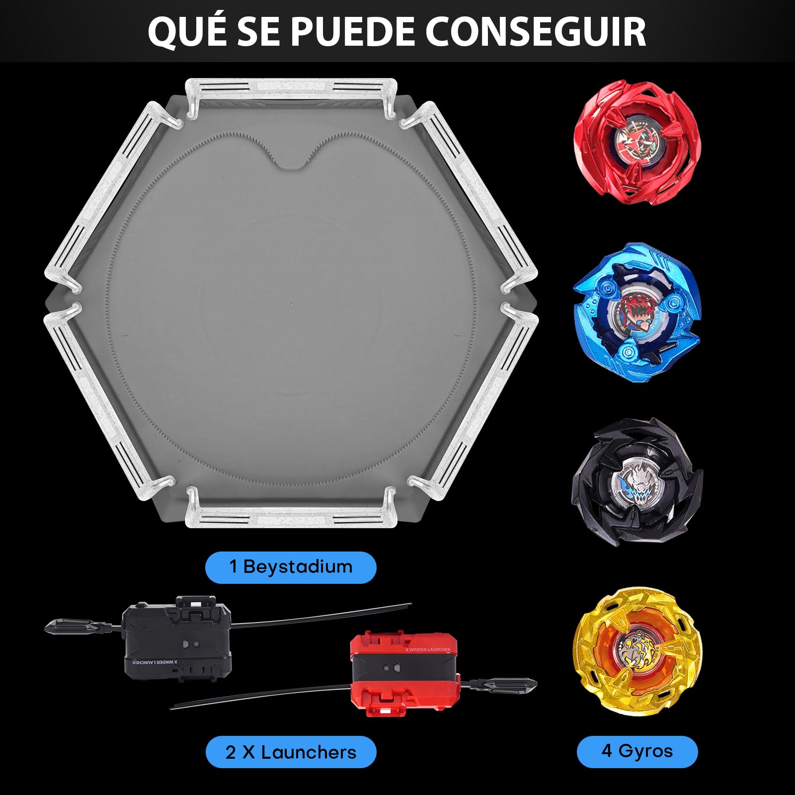 DEZAWRTY Set de Arena Gyro X Stadium con X Acceleration Rail – 4 peonzas de Combate, 2 lanzadores y Estadio, Arena de Batalla para niños a Partir de 6 años, Juguete de Combate para niños, Color Gris