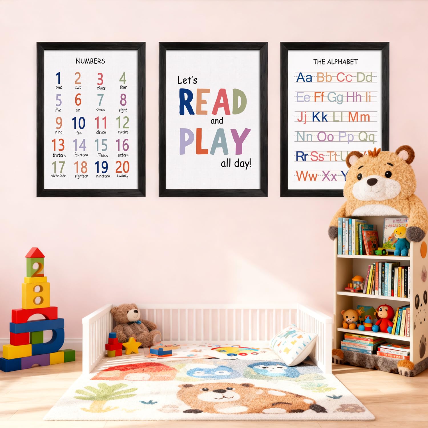 Cute Alphabet Numbers Framed Wall Art Set of 3, Educational ABC Poster Wooden Sign for Baby Girl Kid Boy Toddlers, Neutral Boho Preschool English