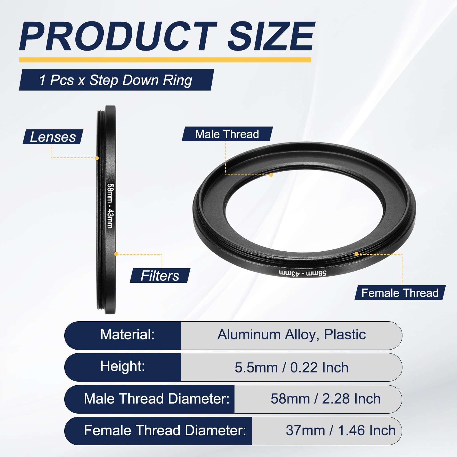 PATIKIL Step Down Ring Adapter 58mm to 43mm, Filter Step-Down Rings Camera Lens Filters Metal Ring Digital for ND IR DSLR Lenses, Black