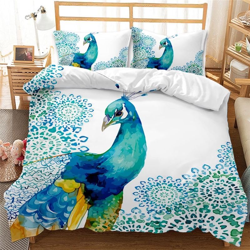 Housse de couette decoration chambre 140x200 cyan avec motif paon 3D et taies 65x65