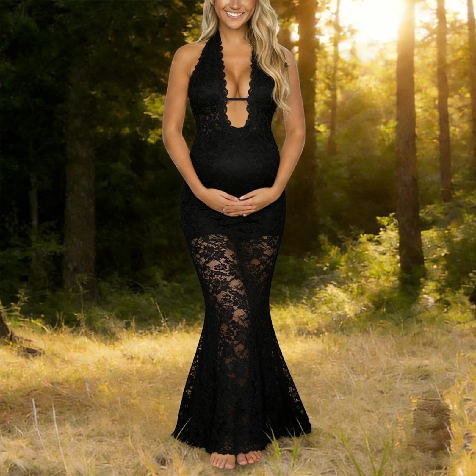 Generisch Elegante vestido de playa de maternidad con ribete de encaje, dobladillo fluido, vestido largo de resort para embarazadas, vestido de bikini aireado para vacaciones