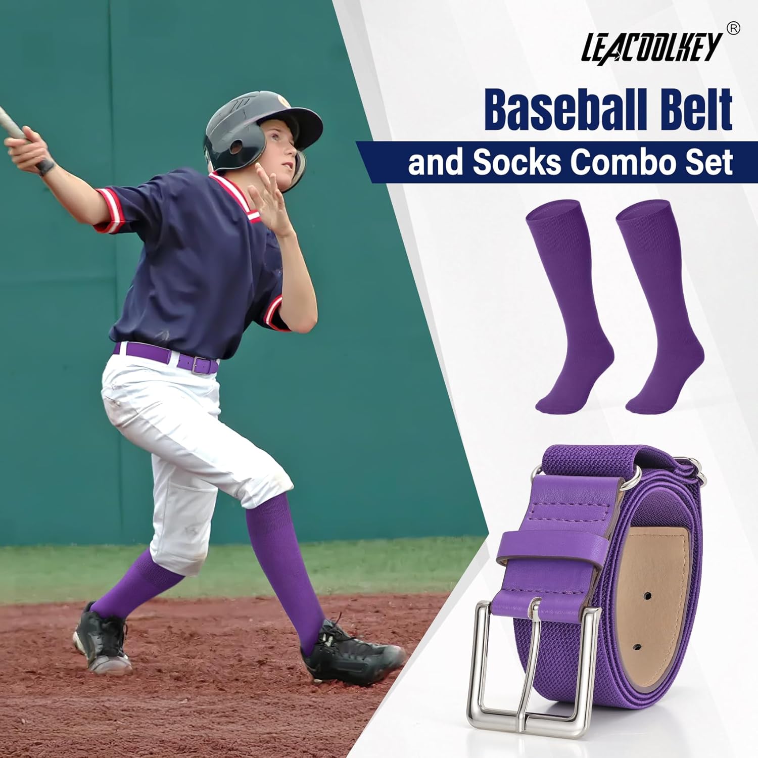LEACOOLKEY Baseball Belt and Socks Combo Set Adjustable Softball Socks and Elastic Belt for Youth and Adult - Image 2
