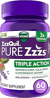 ZzzQuil PURE Zzzs Triple Action, Melatonin Gummies, Melatonin 6mg, 3X Melatonin, Sleep Aid with Ashwagandha, Calm Mood, Antioxidant Action, Sleep Aids for Adults, 60 Sleep Gummies