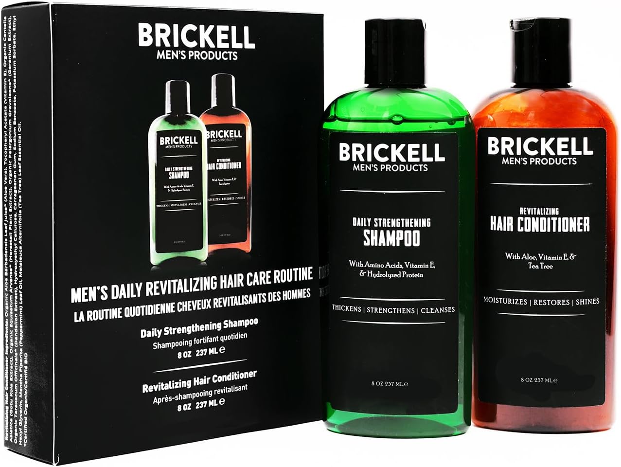 Brickell Men's Daily Revitalizing Hair Care Routine, Shampoo and Conditioner Set For Men, Mint and Tea Tree Oil Shampoo, Strength and Volume Enhancing Conditioner, Natural and Organic, Gift Set