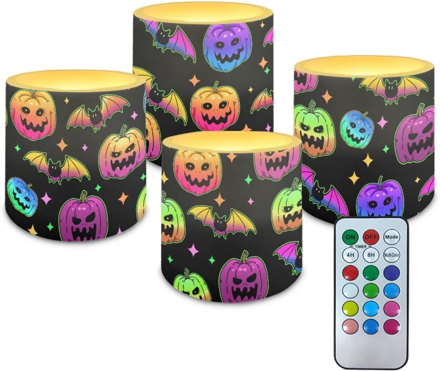 Merkmak Colorful Pumpkin Bat Flameless Candles with Remote Battery Operated Candles with Timer Halloween Flickering LED Elictric Pillar Tealights for Indoor Outdoor Home Decorations