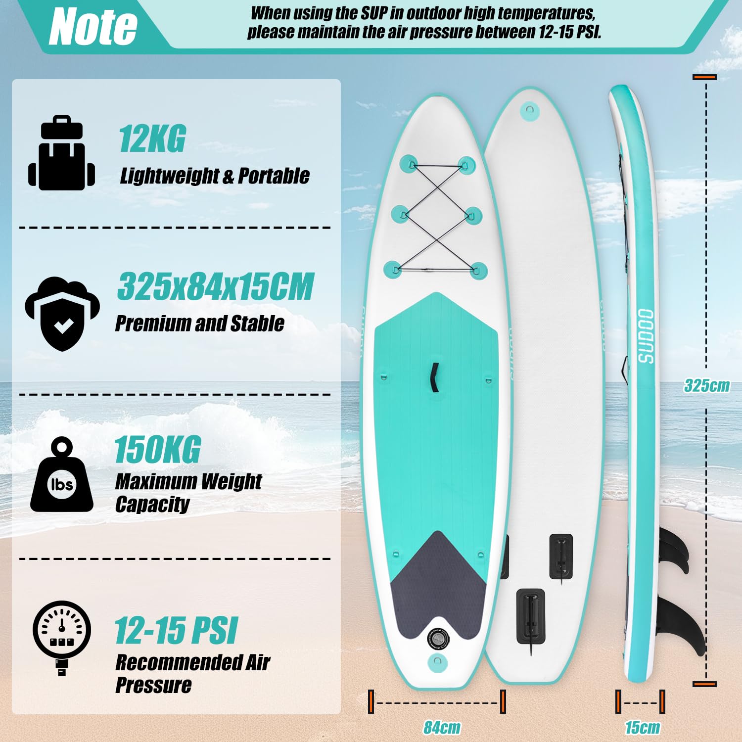 Stand Up Paddling Board, 300cm 325cm SUP Board, Aufblasbare Board für Stand-Up Paddle, Tragkraft bis 150KG, Komplettes Zubehör mit Paddel, Finnen, Pumpe