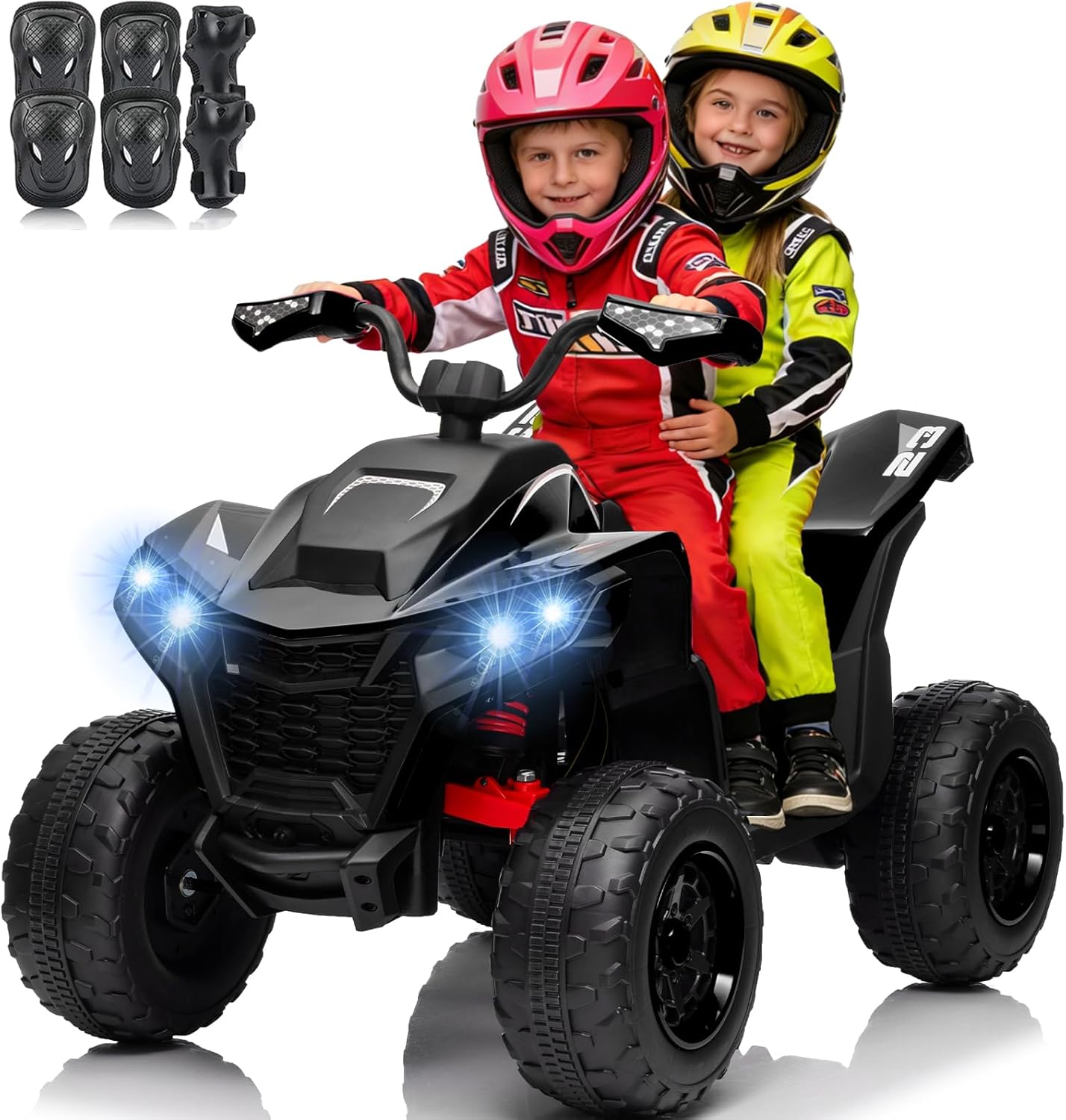 Electric 4 Wheeler for Kids, 24V ATV Quad w/Bluetooth Music, LED Lights & 2-Seater Design, 5 MPH, Oversized Shock Absorbers & Safety Kneepads, Ride on Toy for Boy&Girls, Black