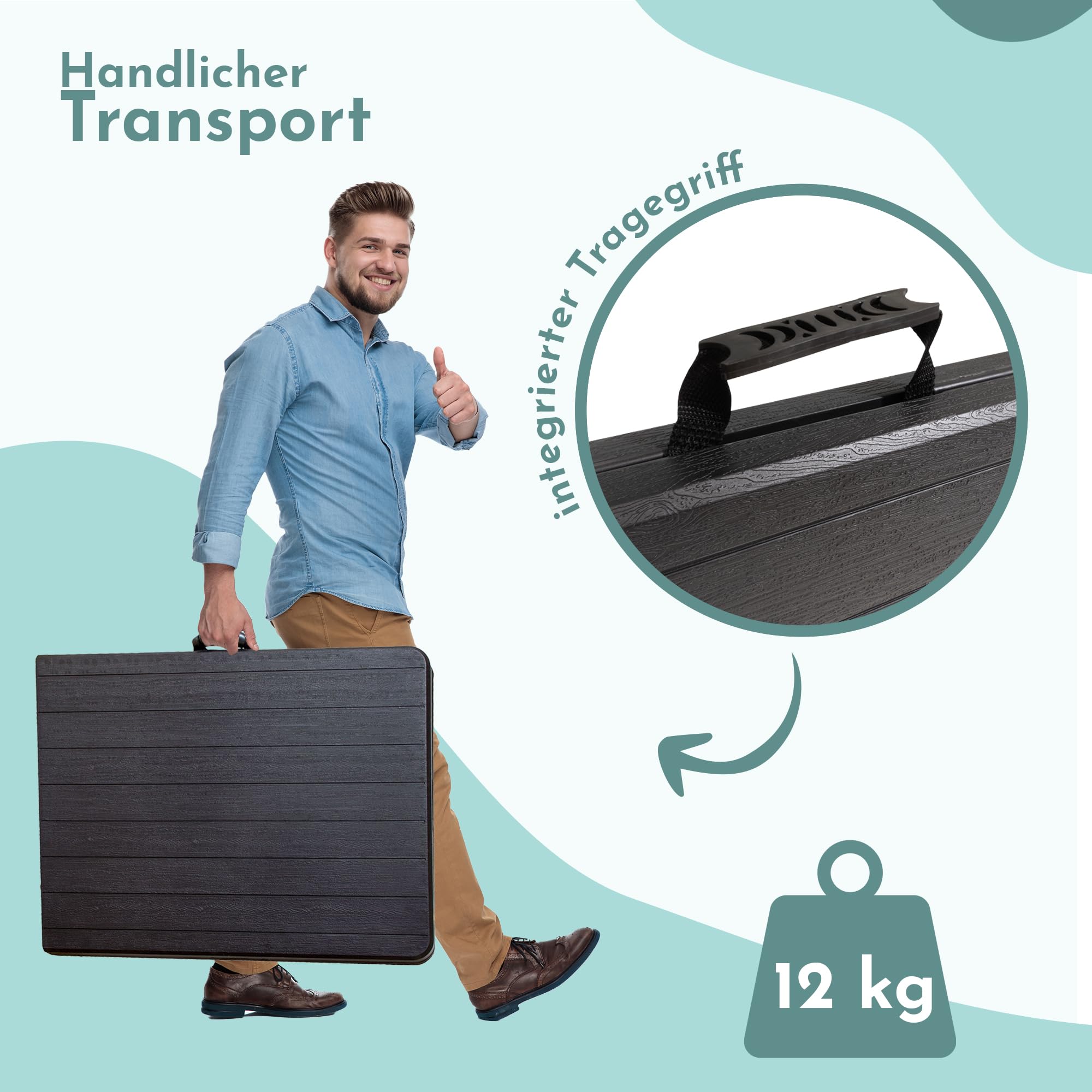 Lemodo Klapptisch 180 x 75 cm – klappbarer Gartentisch & Buffettisch bis 150 kg, Stabiler Partytisch in wetterfester Holzoptik schwarz, als Koffertisch mit Tragegriff platzsparend verstaubar