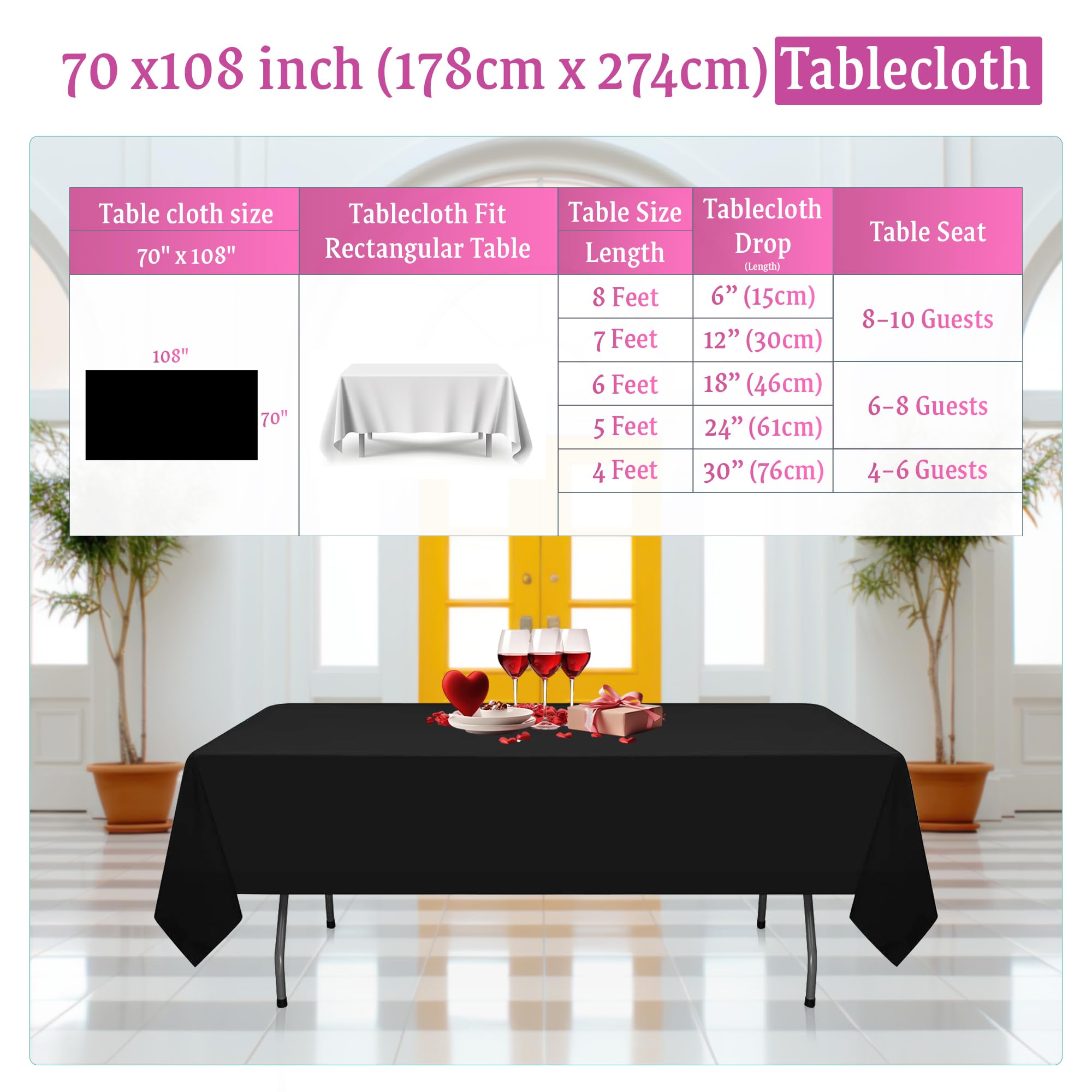 WedDecor 70 x 108 Pulgadas Negro 5 Piezas Mantel Rectangular Duradero Tela de poliéster Mantel para Boda cumpleaños Aniversario Cena Fiesta Eventos decoración