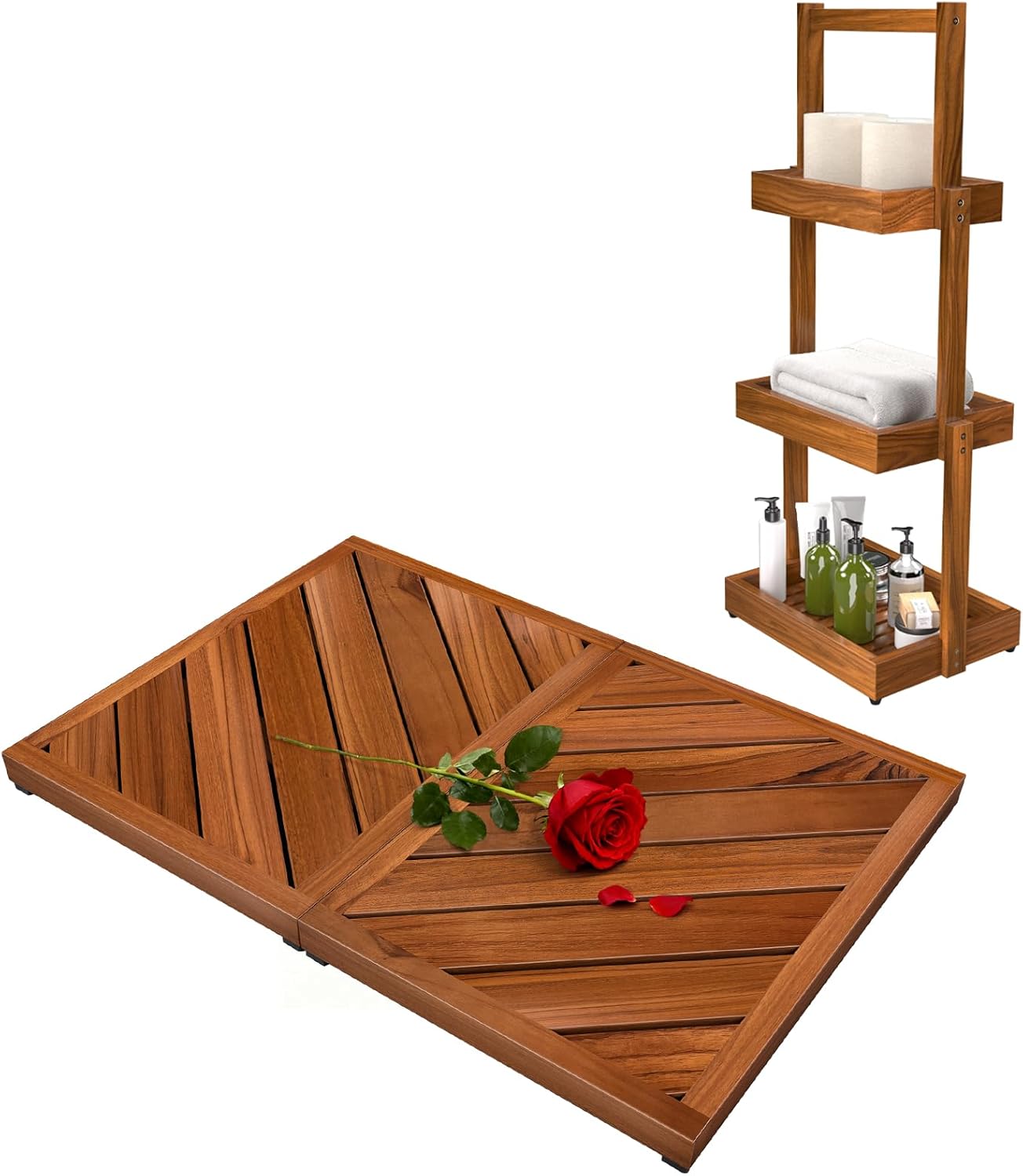 Teak Shower Shelf Bathroom Organizer, Teak Wood Bath Mat for Bathroom