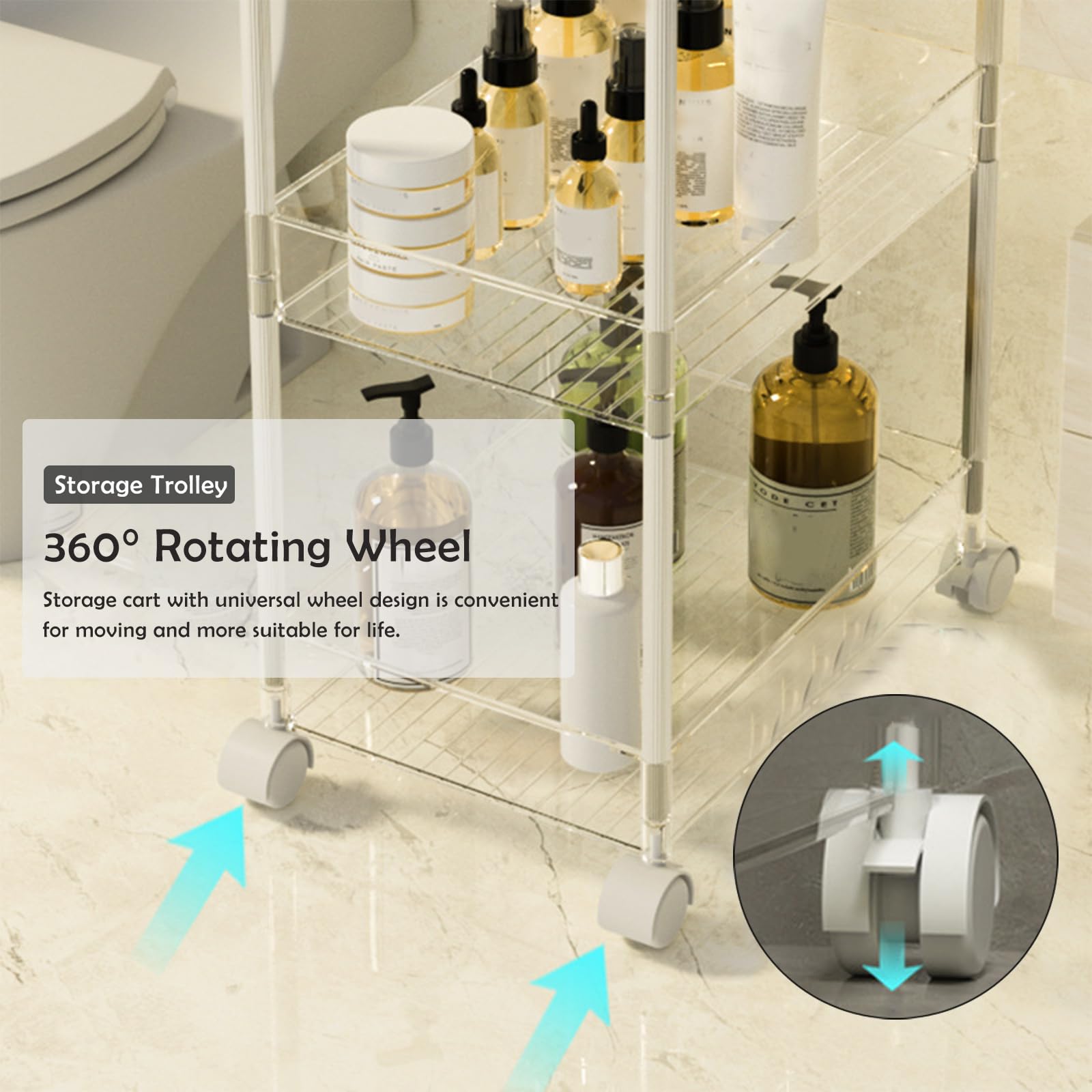 Carrito de almacenamiento de acrílico, carrito utilitario delgado con ruedas, diseño de 3 niveles para lavandería, baño y organización de cocina