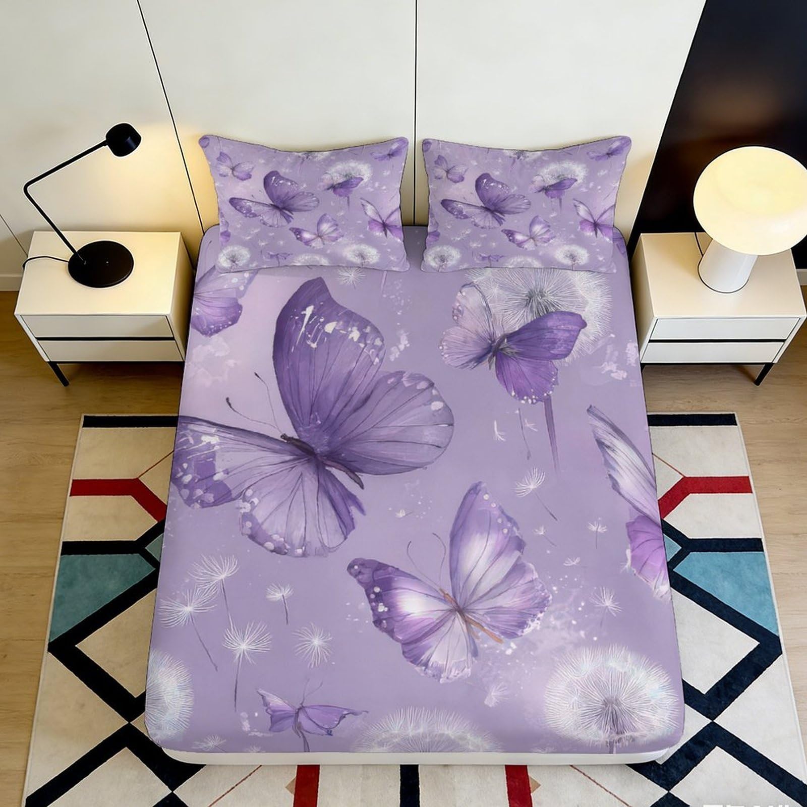 3D Printed Purple Butterfly Fitted Sheet Microfiber Soft Non-Slip Dandelion Mattress Cover for Bedroom Guest Room Decor 200x200x25cm