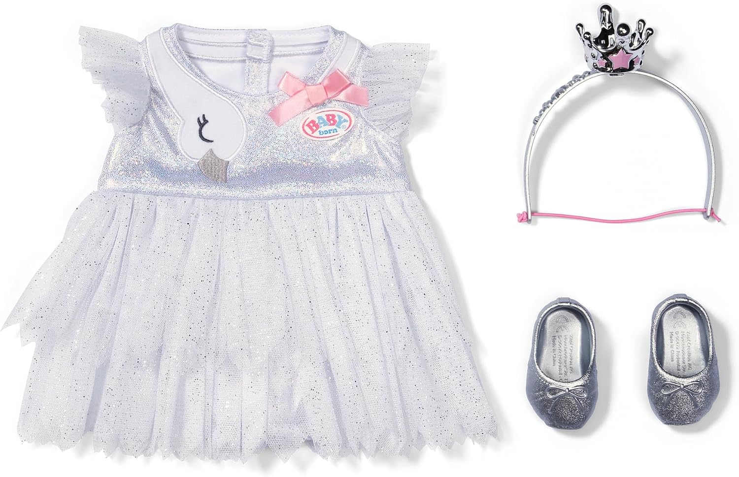 Baby Born Ballerina Costume with Tulle Dress, Silver Ballet Slippers and Crown Headband for 17" Dolls