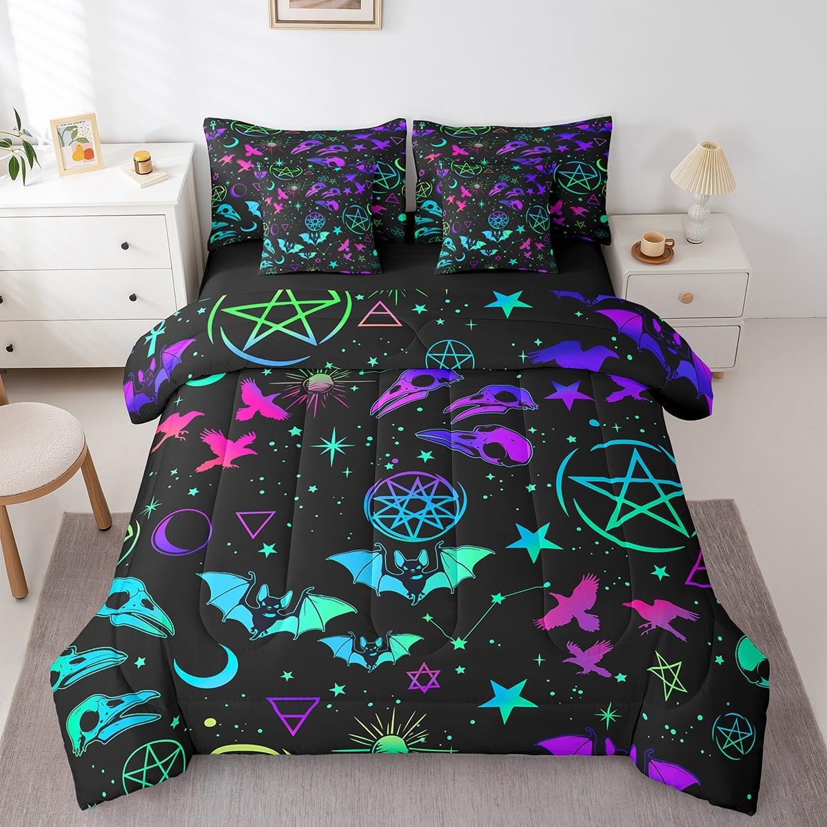 Erosebridal Galaxy Bats Bed in a Bag Queen Comforter Set 7 Piece,Exotic Constellation Bedding Sets Bohemian Star Moon Blue Purple Bird Skeleton Sheet Set with Comforter