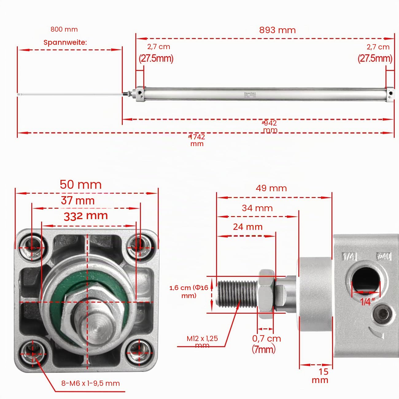 Heschen Pneumatischer Standard-Luftdruckzylinder, SC 40-800, PT1/4 Anschluss, 40mm Bohrung, 800mm Hub, Doppelt Wirkend | 40 mm Bohrung, 800 mm Hubhub, Standard-Einzelstange, doppeltwirkender Pneumatikzylinder, Linearantrieb, mit 2 Beschlägen