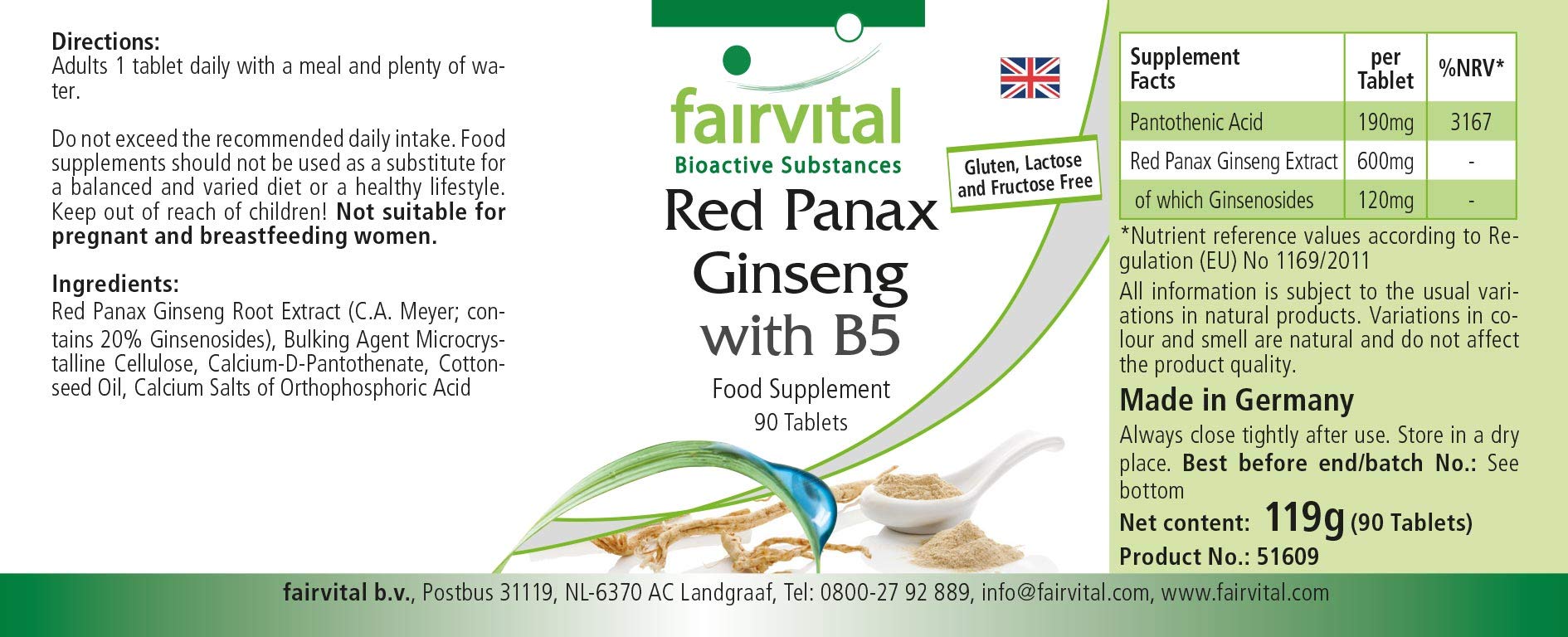 fairvital Extracto de ginseng rojo Panax + vitamina B5-90 comprimidos, con 600mg de extracto de ginseng coreano, ALTA DOSIS, VEGANO
