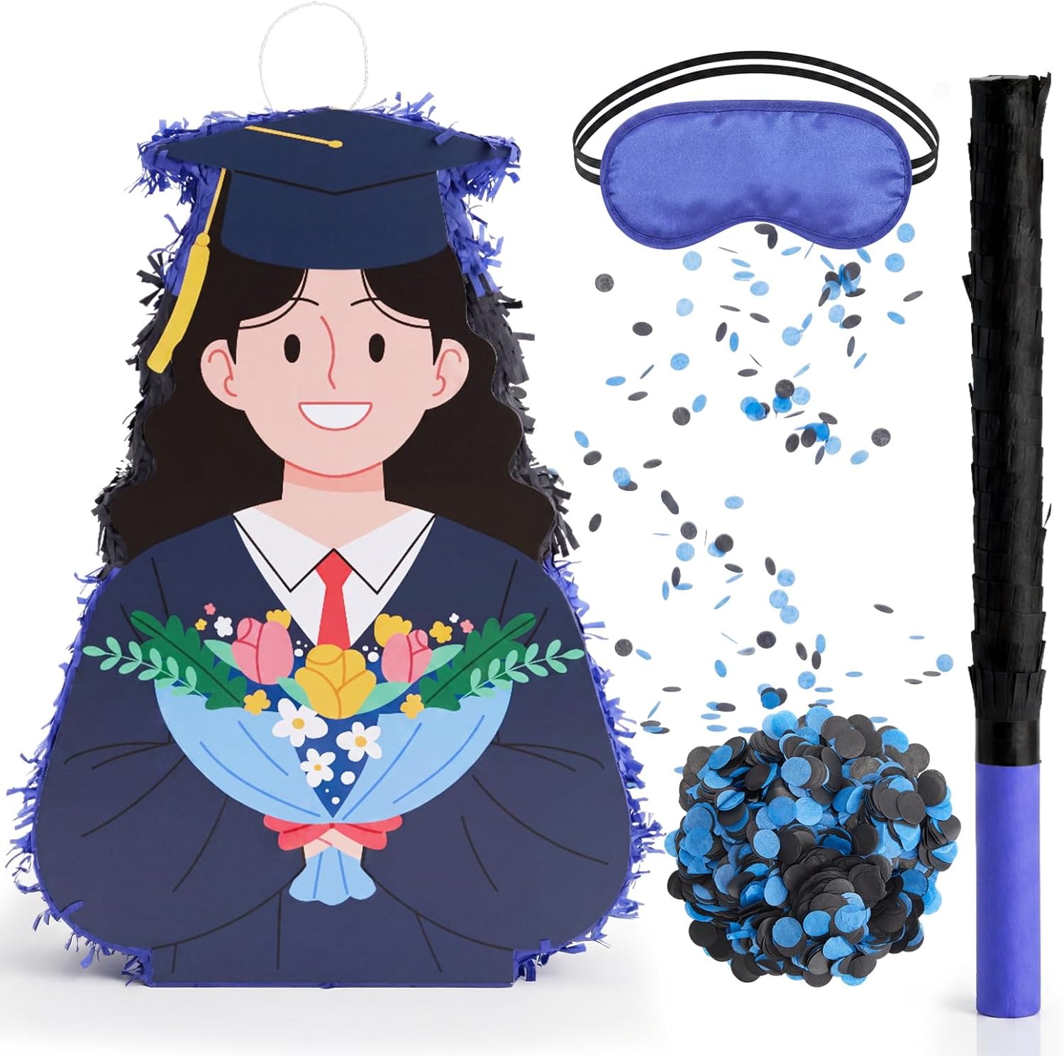 Soulchen 2026 Graduation Pinata Decorations 22 Inch Graduation Pinata with Blindfold Bat Confetti Party Decoration for College Middle School Elementary Congrats Grad Party Supplies (Blue,Cute Style)
