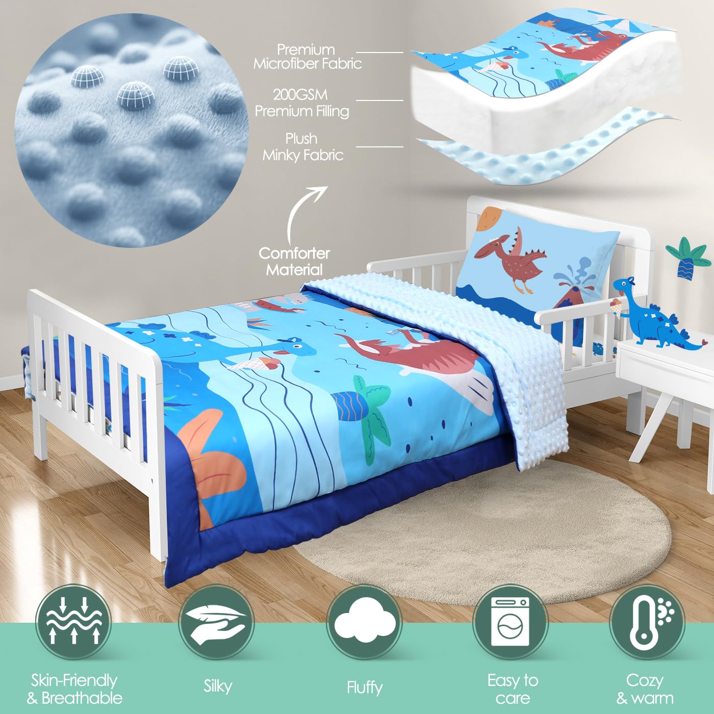 ACRABROS Juego de ropa de cama infantil de 4 piezas para niñas y niños, incluye edredón, sábana bajera, sábana encimera y funda de almohada reversible, juego de cama ultra suave, dinosaurio azul