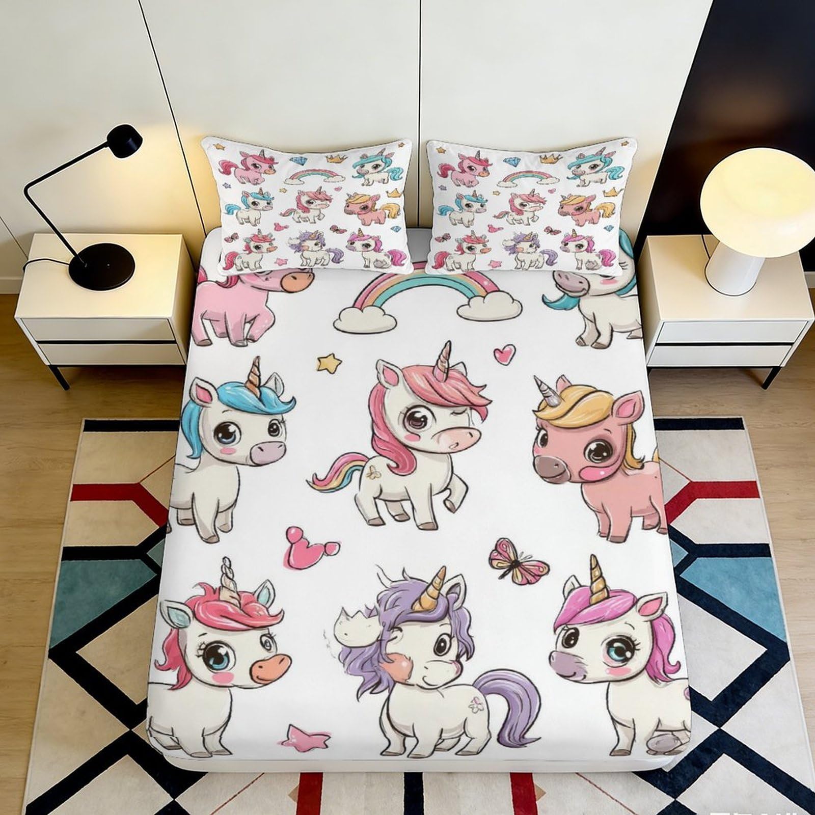 3D Printed Cute Unicorn Fitted Sheet Microfiber Soft Breathable Rainbow Mattress Cover for Bedroom Dormitory Guest Room Protection Decor 140x200x25cm