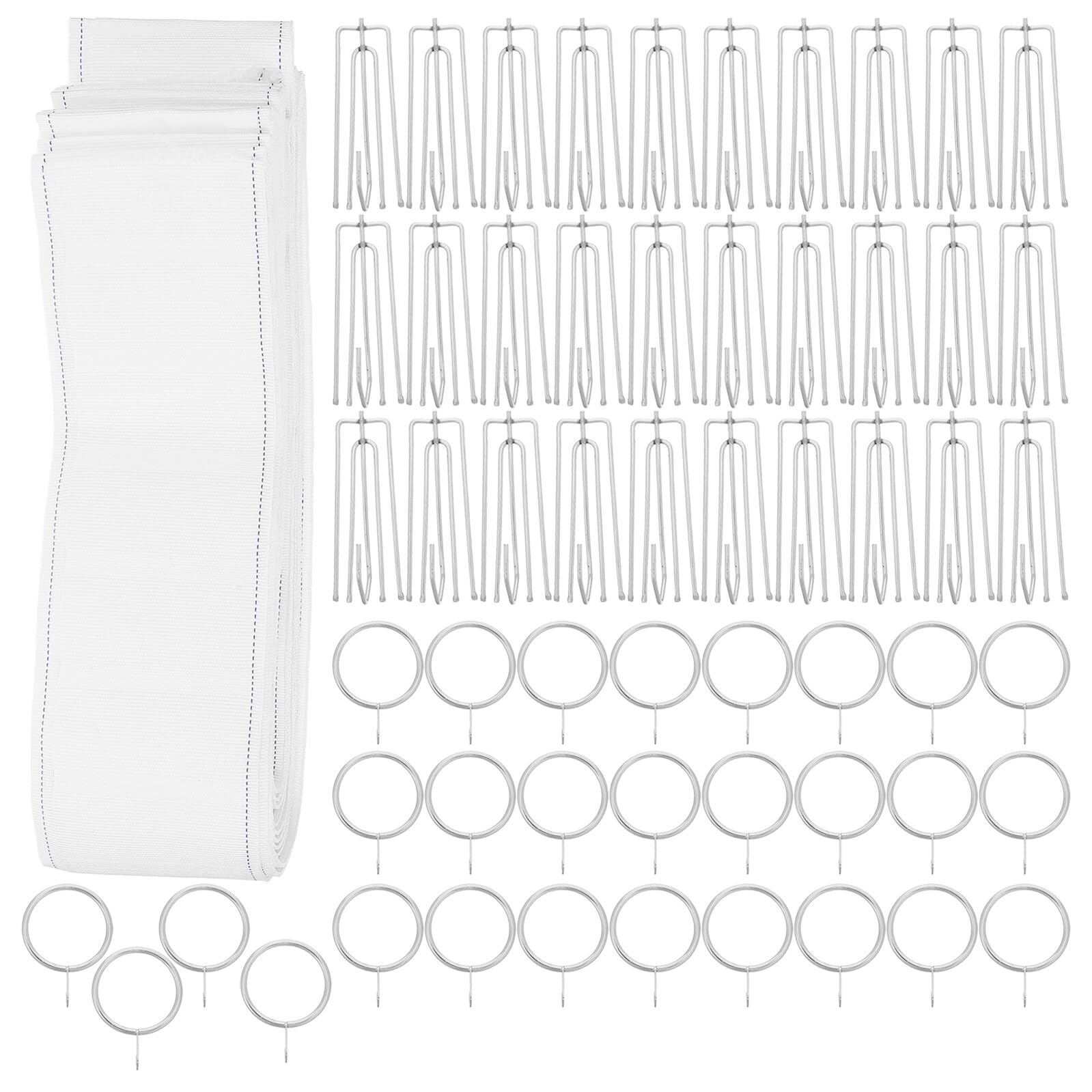 Amosfun Juego de Cinta Plisada para Cortinas 10 Yardas 30 Ganchos de 4 Puntas de Acero Inoxidable y 30 Clips de Anillos para Colgar, Accesorios Versátiles para Tratamientos de Ventanas