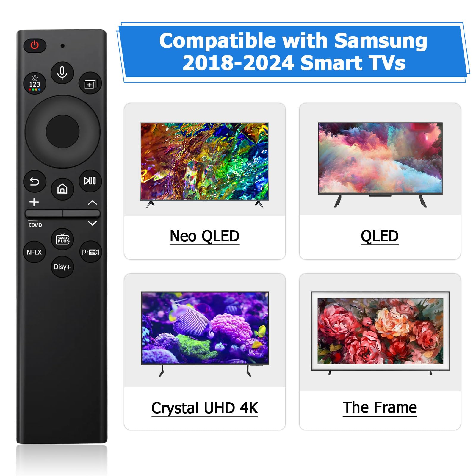 Telecomando vocale di ricambio per Smart TV Samsung, compatibile con BN59-01385A (senza cella solare), per la maggior parte dei televisori Frame 2018-2023, Crystal, UHD, QLED, curvi, 4K, 8K
