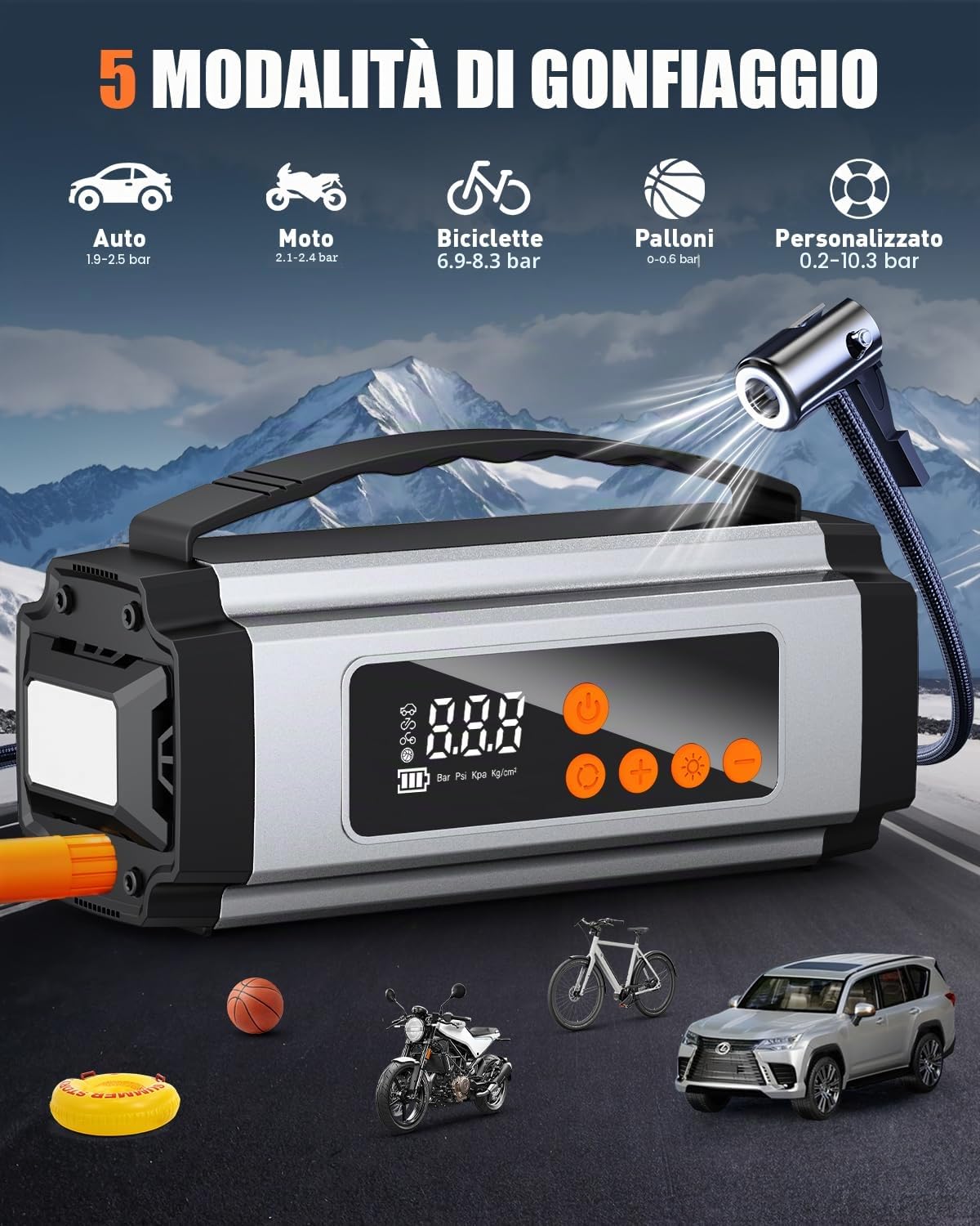 Onherm 7-in-1 Booster Avviatore Auto con Compressore 150PSI, 2000A Avviatore Batteria Auto/Moto per 12V 8L Benzina e 5L Diesel, Avviatore Emergenza con Torcia, Jump Starter con USB-C e Display LCD
