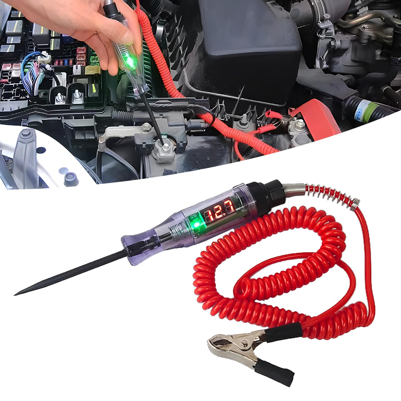 MLY 1 PC Automotive Test Light, Digital Fuse Tester with Voltage Display, 6V-24V Circuit Tester Extended Spring Wire & Probe, Universal for Car, RV, Truck Electrical System Diagnostics (Black & Red)