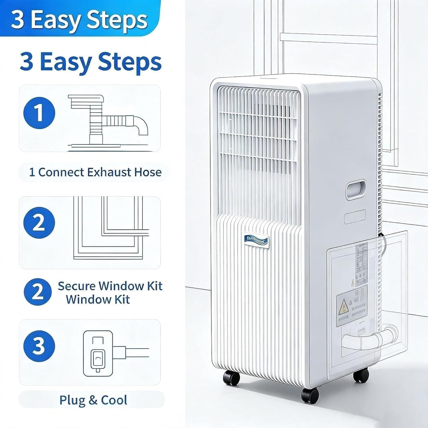 Condizionatore d'Aria Portatile 4-in-1 12000 BTU con Riscaldamento, deumidificatore, Ventola, Telecomando e Ruote, Privo di Installazione, per, A+Hot & Cold 14000 Btu, A+Hot & Cold 14000 BTU