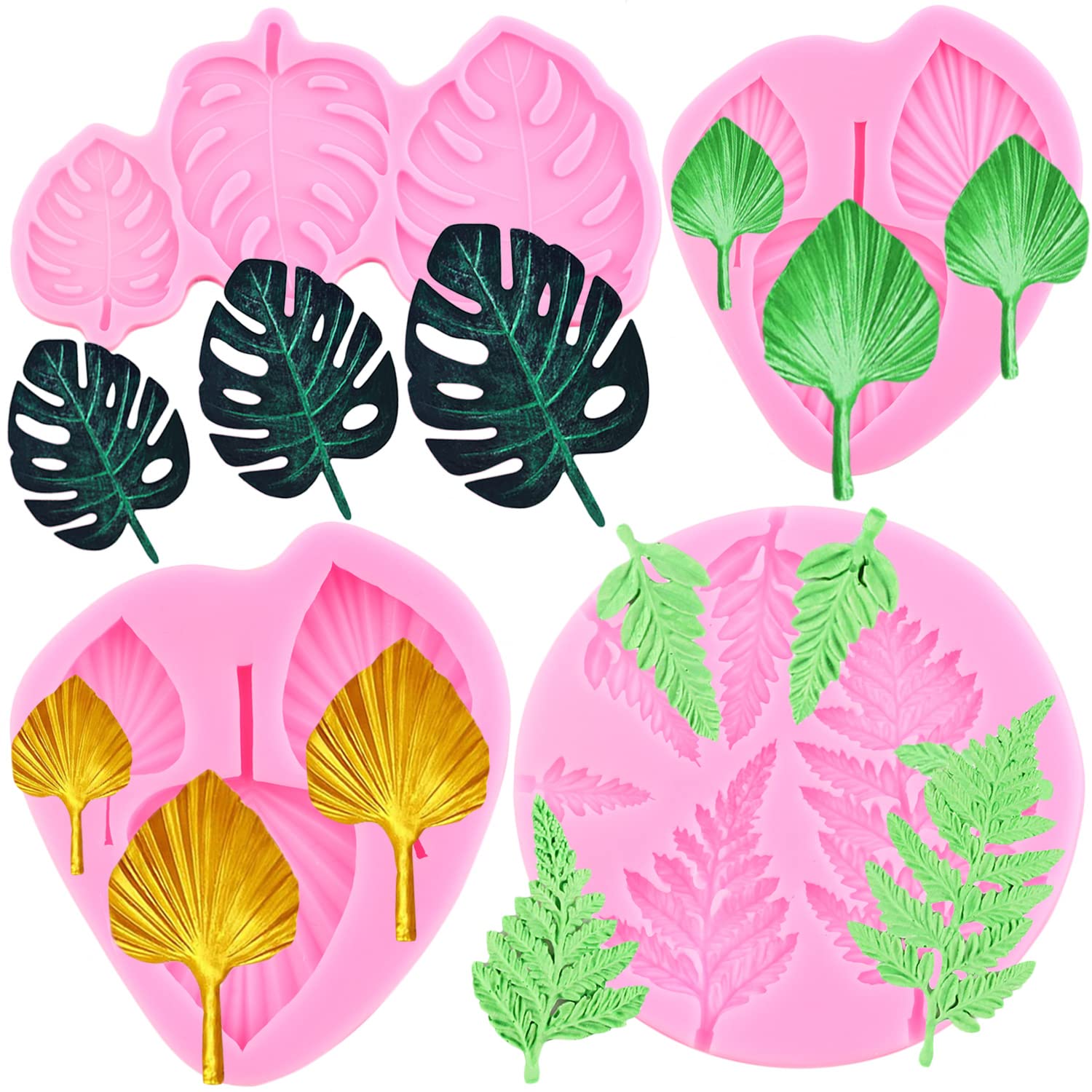 ZiXiang Moldes de silicona para fondant, hojas tropicales, hojas de Monstera, moldes de silicona, hojas de helecho, molde de caramelo para pasta de goma de chocolate, decoración de cupcakes, juego de