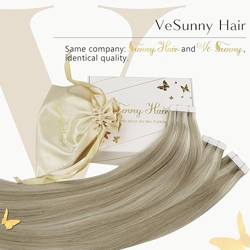 Miniatura 2 de Ve Sunny Extensiones de cabello humano con cinta invisible con reflejos rubios, extensiones de cabello humano real, mezcla de rubio claro, rubio