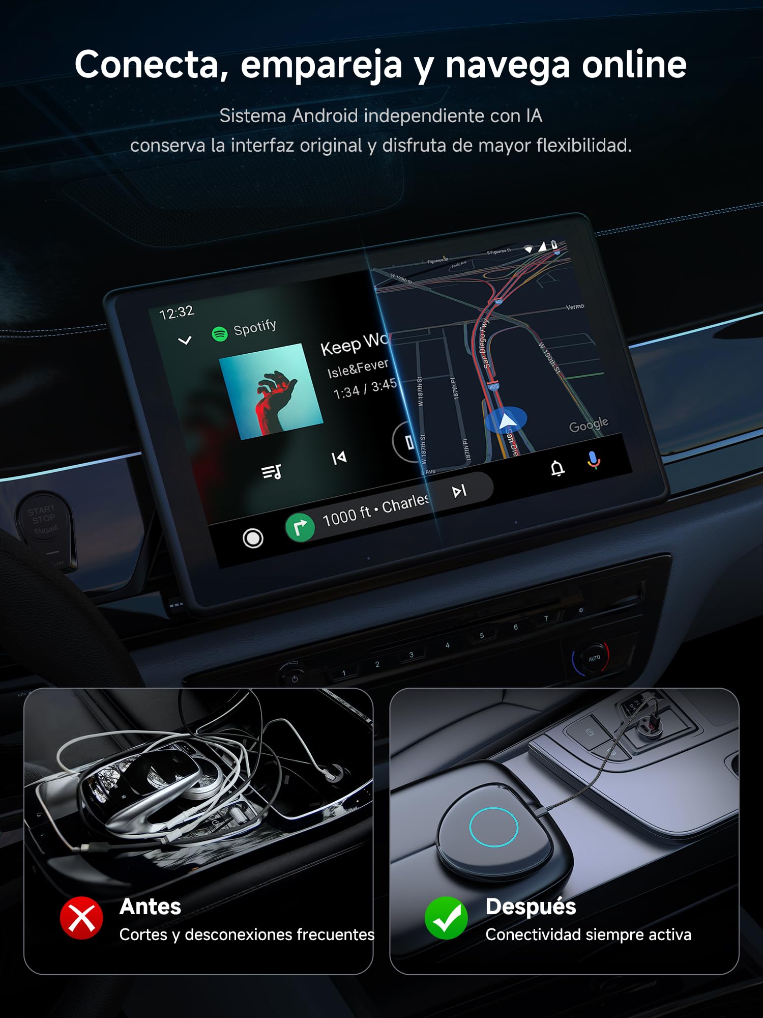 AI Box CarPlay Adaptador Android Auto Inalámbrico - Adaptador CarPlay Inalambrico con 4G, WLAN, BT Dual, USB, AI, GPS, MicroSD, OTA, Integrado 8 GB + 128 GB, CB6D, para Youtube/Netflix/Tarjeta TF