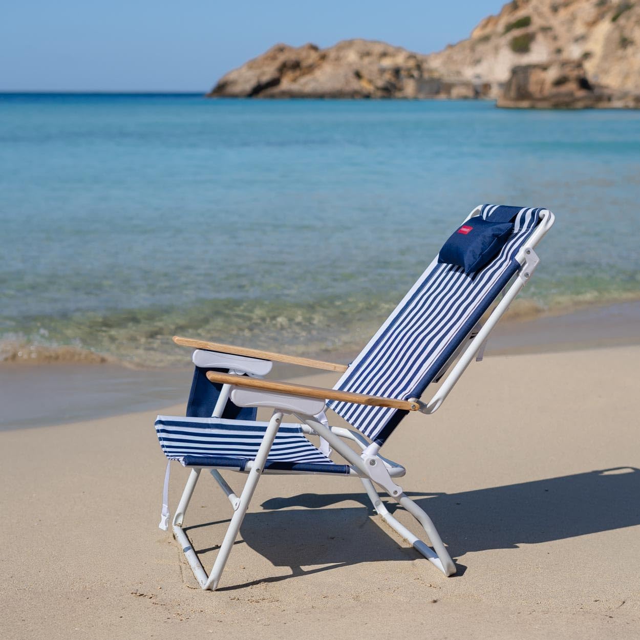 Flamingueo Sedia da Spiaggia Pieghevole - Reclinabile 5 Posizioni - Tasca Termica - Tasca per Cellulare - Maniglie Tipo Zaino - Cuscino Ergonomico - Alluminio e Poliestere - Blu Navy