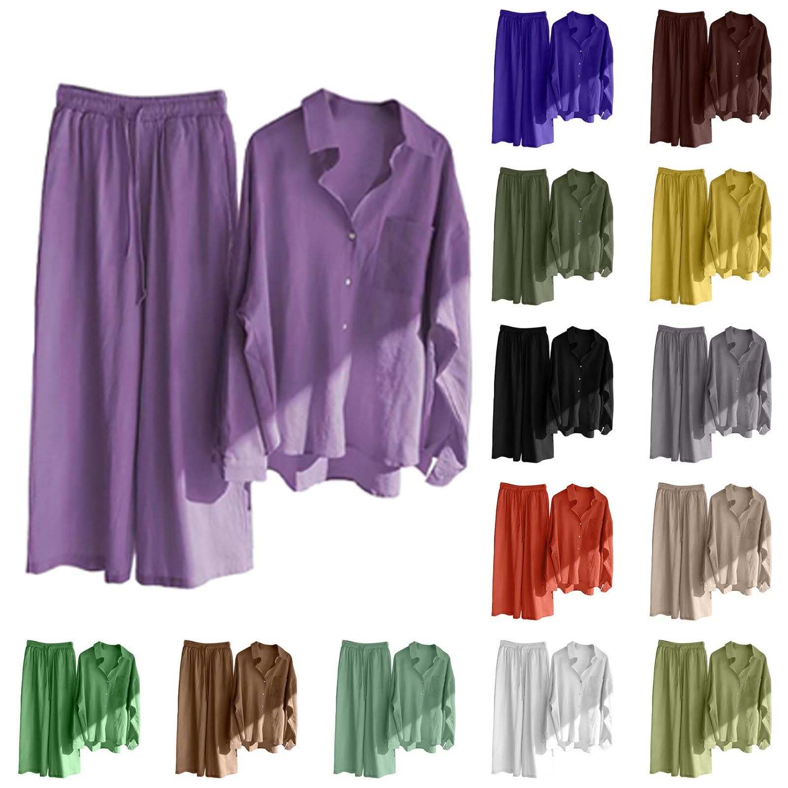 Traje de lino para mujer de verano, traje de verano para mujer, ligero, elegante, traje de ocio, moderno, algodón, 2 piezas, conjunto deportivo de dos piezas con pantalones, conjunto de muselina