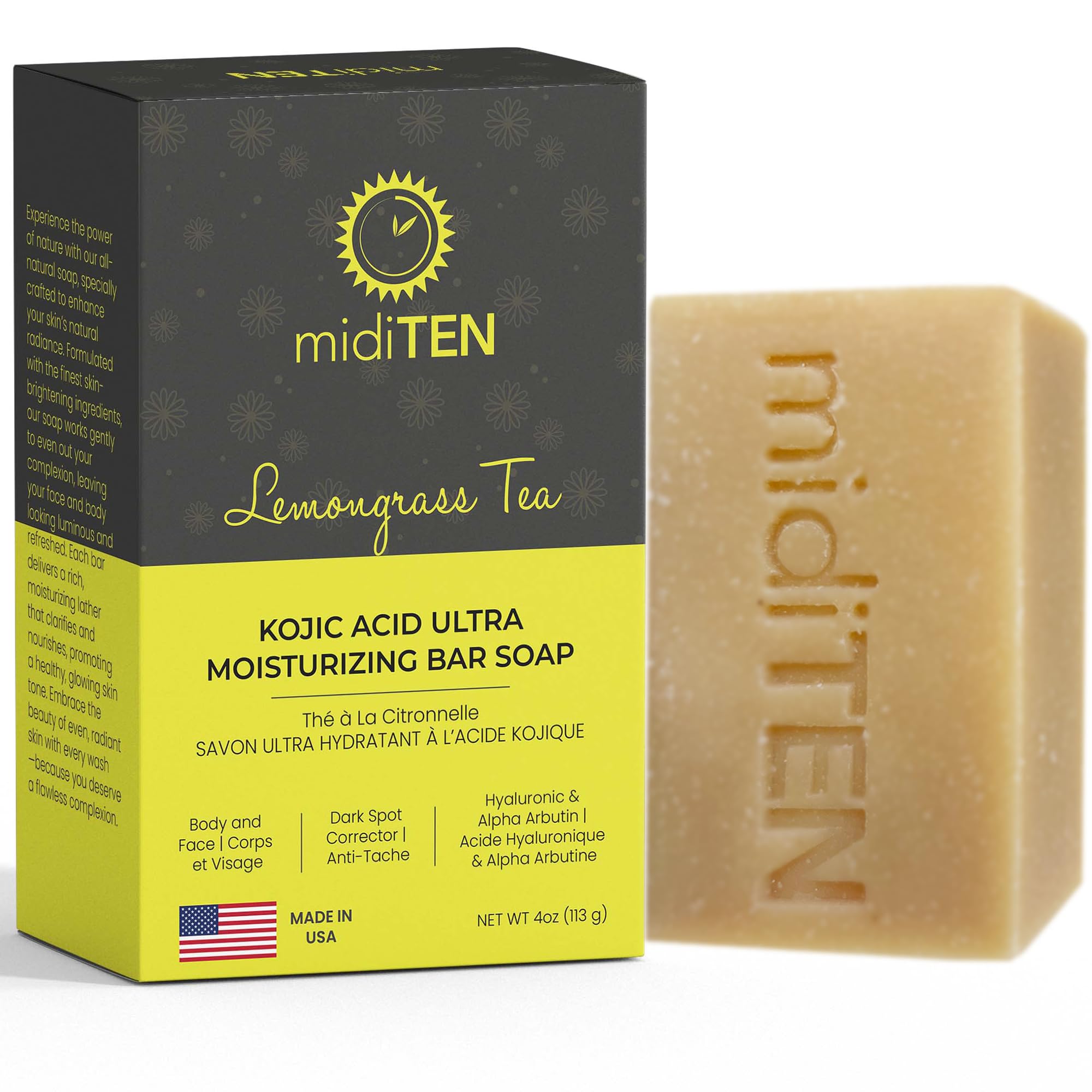 midiTEN Kojic Acid Dark Spot Corrector Bar Soap – With Alpha-arbutin, Hyaluronic Acid, Coconut Oil, Lemongrass Oil – For All Skin Types – Ultra