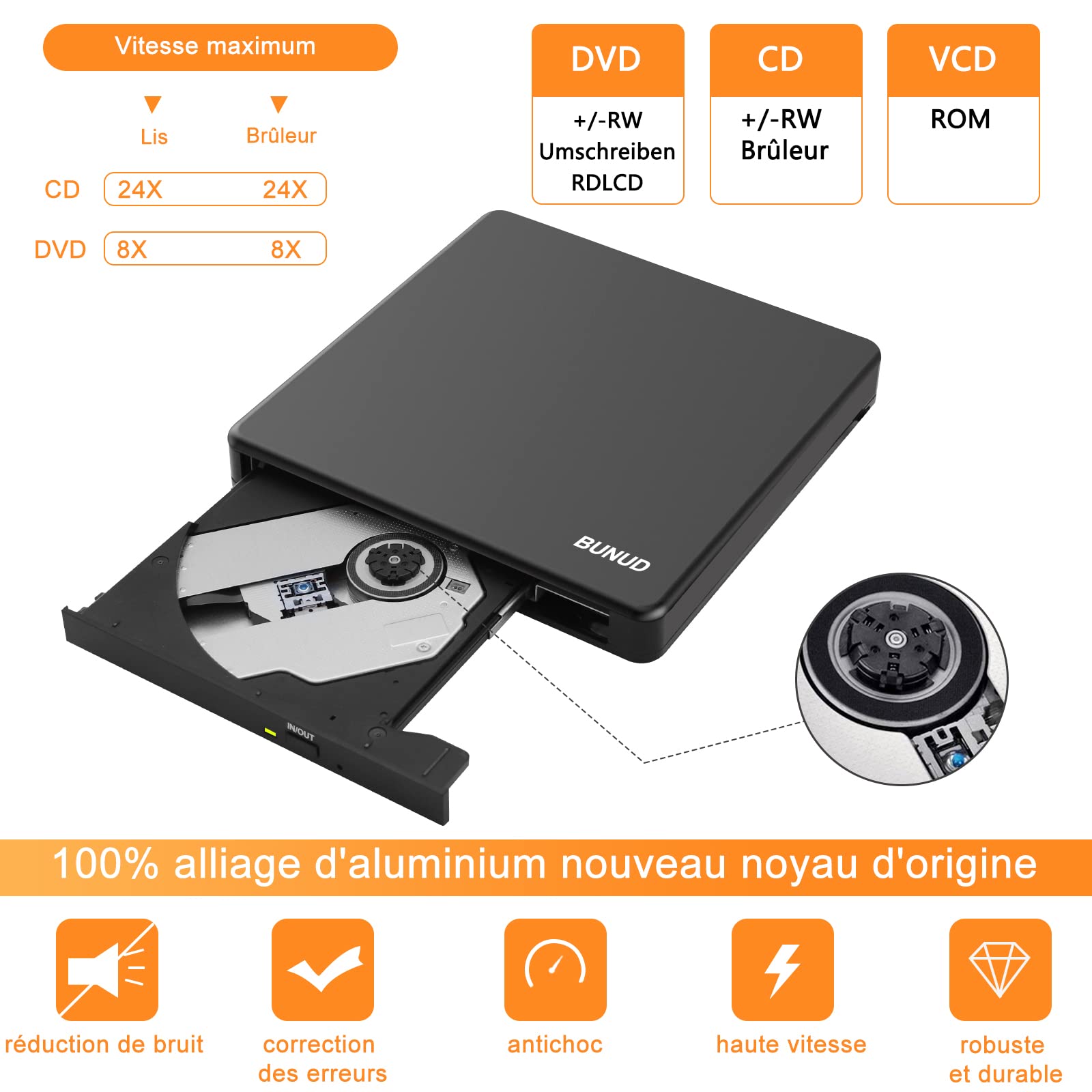 BUNUD Zewnętrzny odtwarzacz CD DVD USB 3.0 Type-C Zewnętrzny