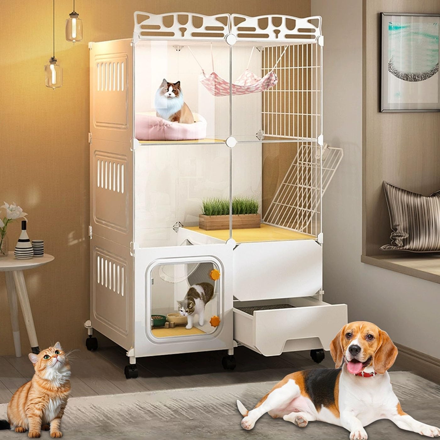 Indoor with Casters + Cat Litter Box, Cat Enclosures Small Animal Cage, Easy to Move(72 * 47 * 112cm)