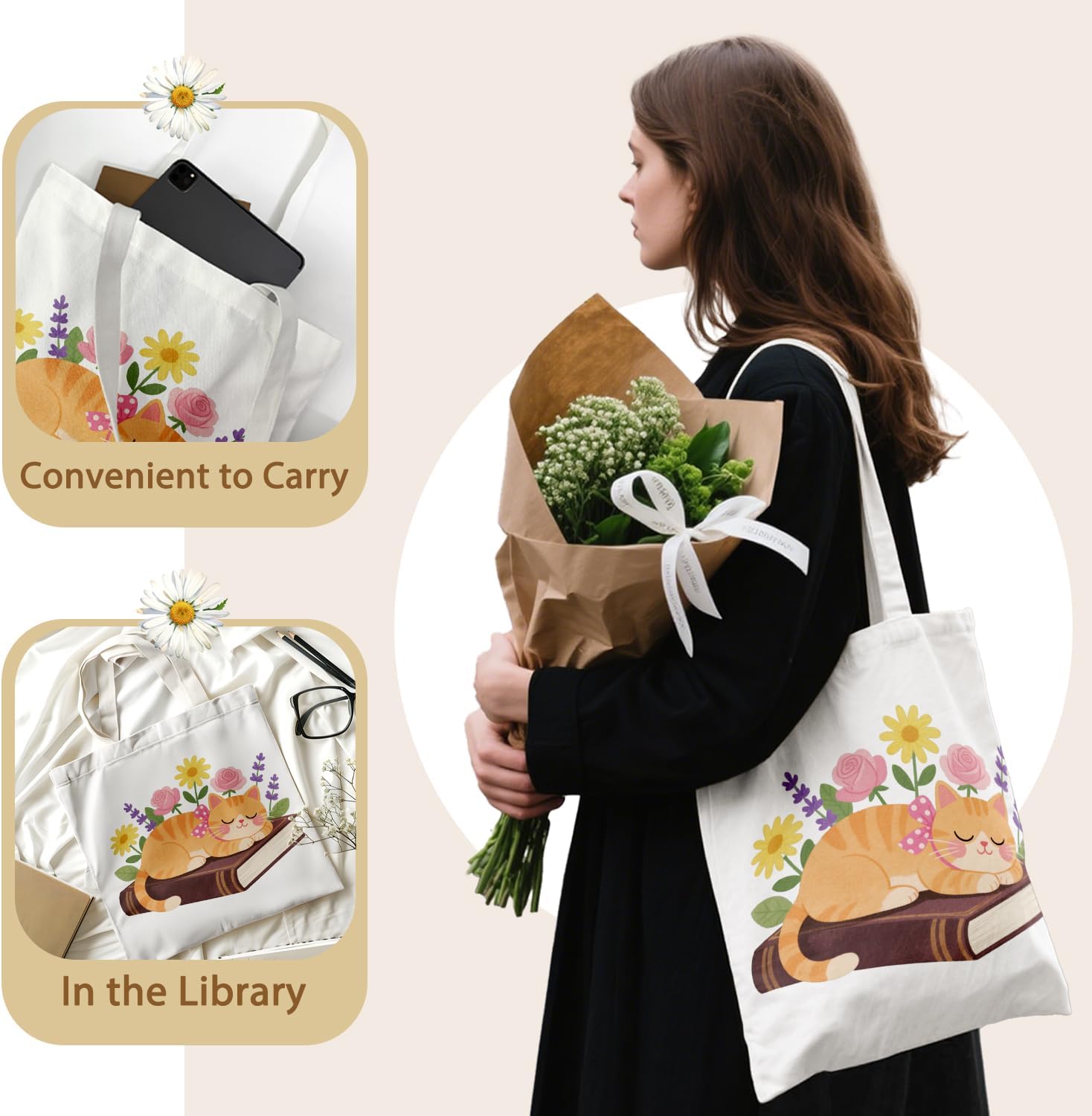 Cute Black Cat Canvas Tote Bag Aesthetic Flowers Reusable Shopping Grocery Bags Birthday Gifts for Women & Teen Girls image 5