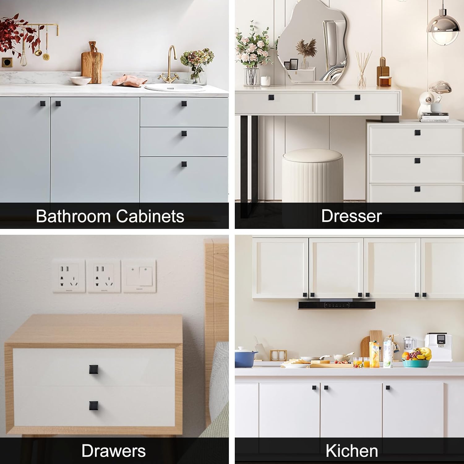 8 Pack Black Matte Cabinet Knobs, Square Drawer Knobs(30mm/1.2 Inch), Durable Dresser Knob with 16 PCS Screws, Pull Handle Hardware Kitchen Door Knobs for Cabinets