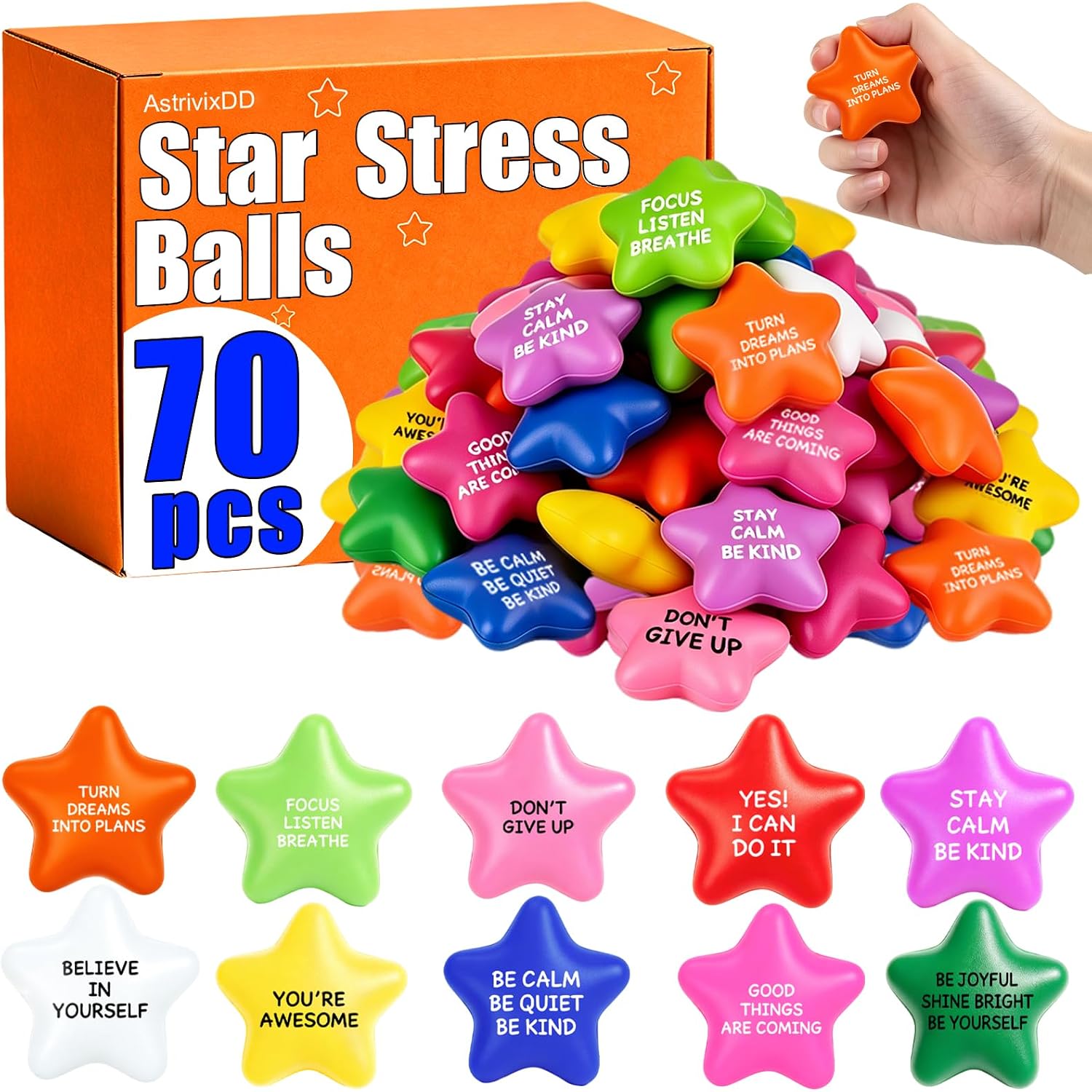 120 Pack Star Stress Balls Bulk, Foam Fidget Toys with Motivational Quotes