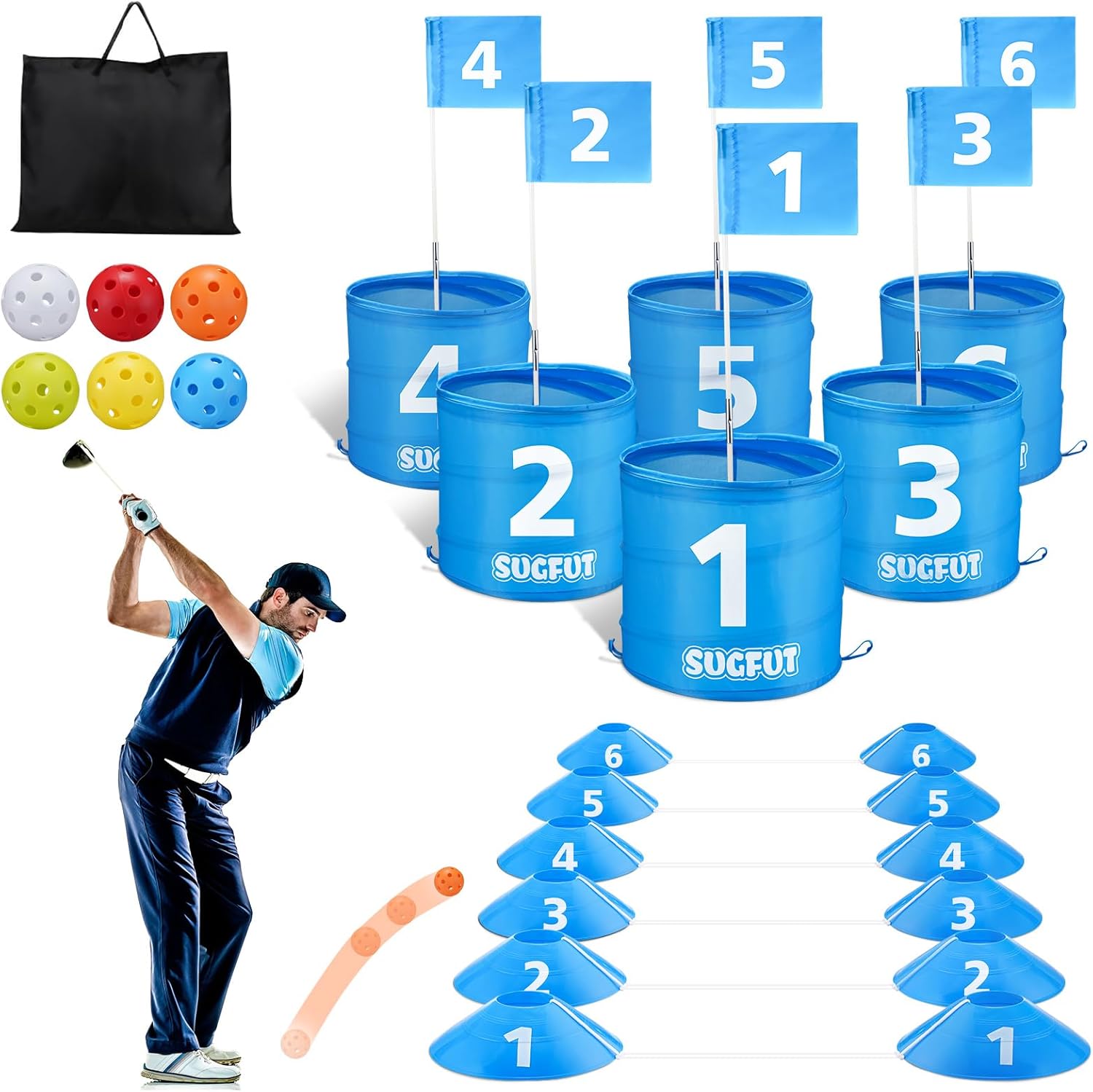 Backyard Golf Games Blue Portable 6 Hole Golf Course Play with Golf Flags Golf Yard Games for Adults, Kids, Family - Bucket Backyard Games, Outdoor Games, Bucket Games