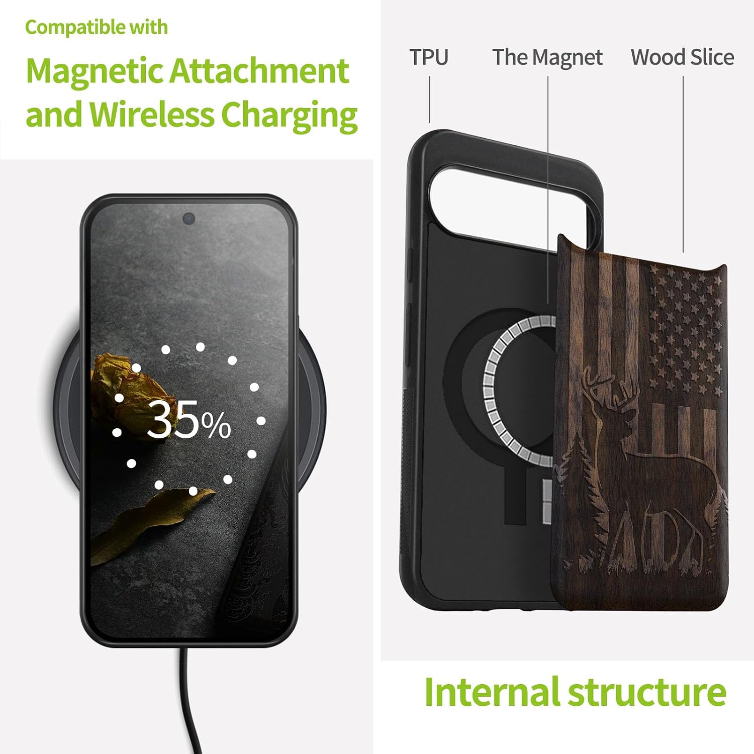 Carveit Magnetic Wooden Case for Pixel 9 Pro Google 9 Pro Case, Wood Artisan Engraved & Soft TPU Shockproof Cover, Compatible with MagSafe Wireless Chargers (Patriotic Deer Silhouette) Walnut