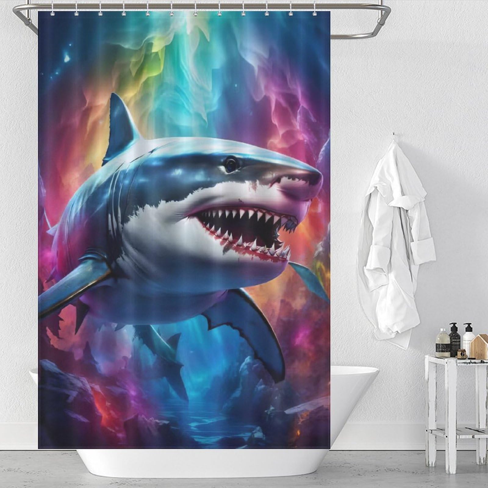 Rideau de douche requin en tissu polyester lavable imperméable 122x183cm avec 12 crochets