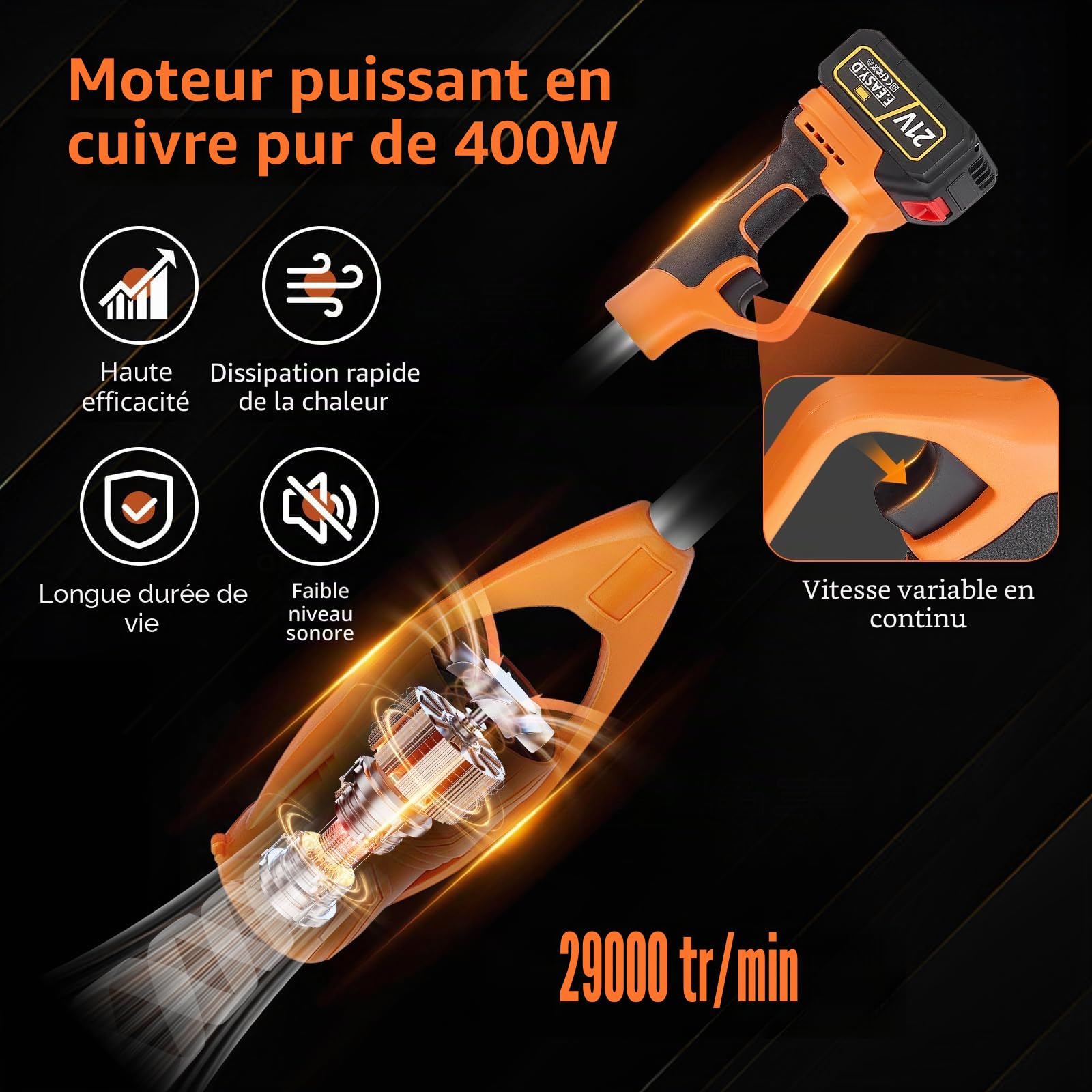 Souffleur de Feuilles sans Fil 21V,Souffleur à Batterie 3,0 Ah,Vitesse de soufflage jusqu'à 240 km/h,Régime 29.000 TRS/Min, pour Jardins Allées Terrasses,Feuilles Mortes, la Saleté, la Neige