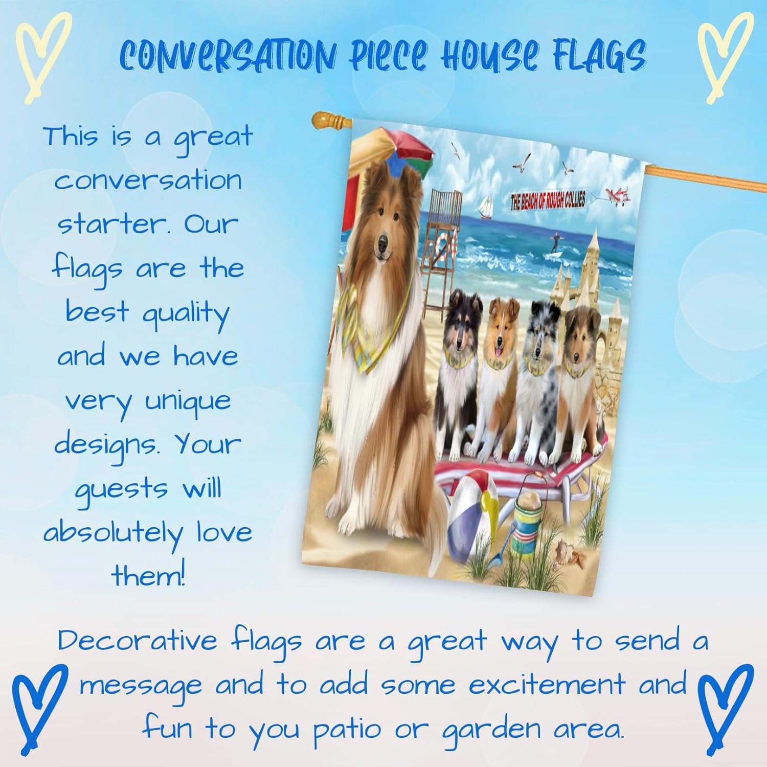 Pet Friendly Beach Rough Collie Dogs House Flag - Outdoor Double Sided Pet Portrait Weather Resistant Premium Quality Home Decorative Flags - 100% Polyester 29"w x 43"h