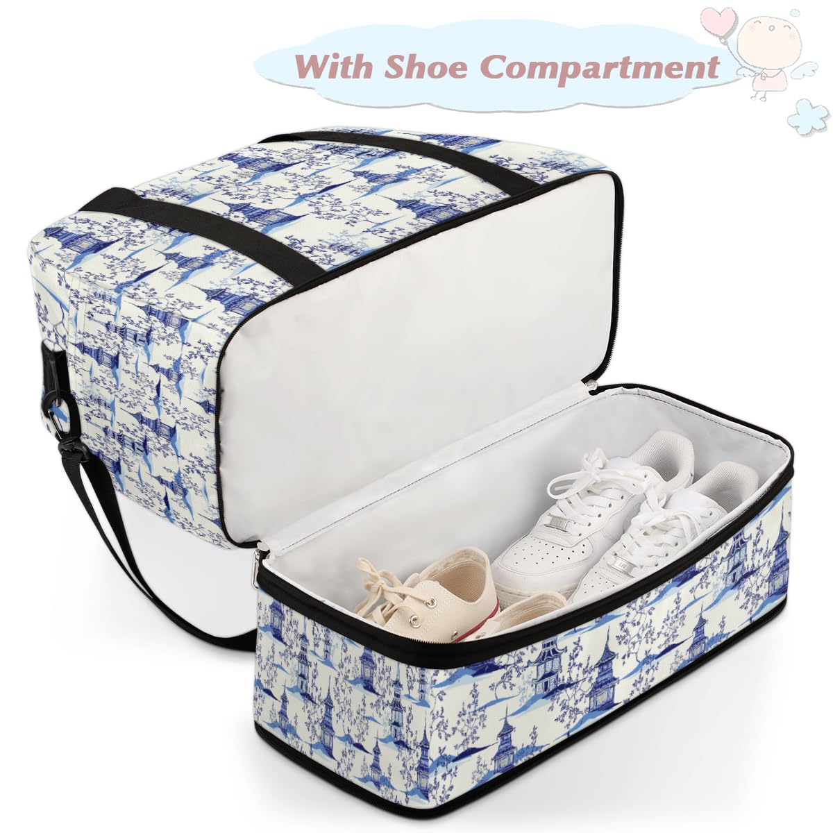 Bolsa de viaje vintage japonesa con pagodas de tinta azul para mujeres y hombres, estampado japonés, bolsas de fin de semana, bolsas plegables separadas para húmedos, bolsa de 47 L para deportes,
