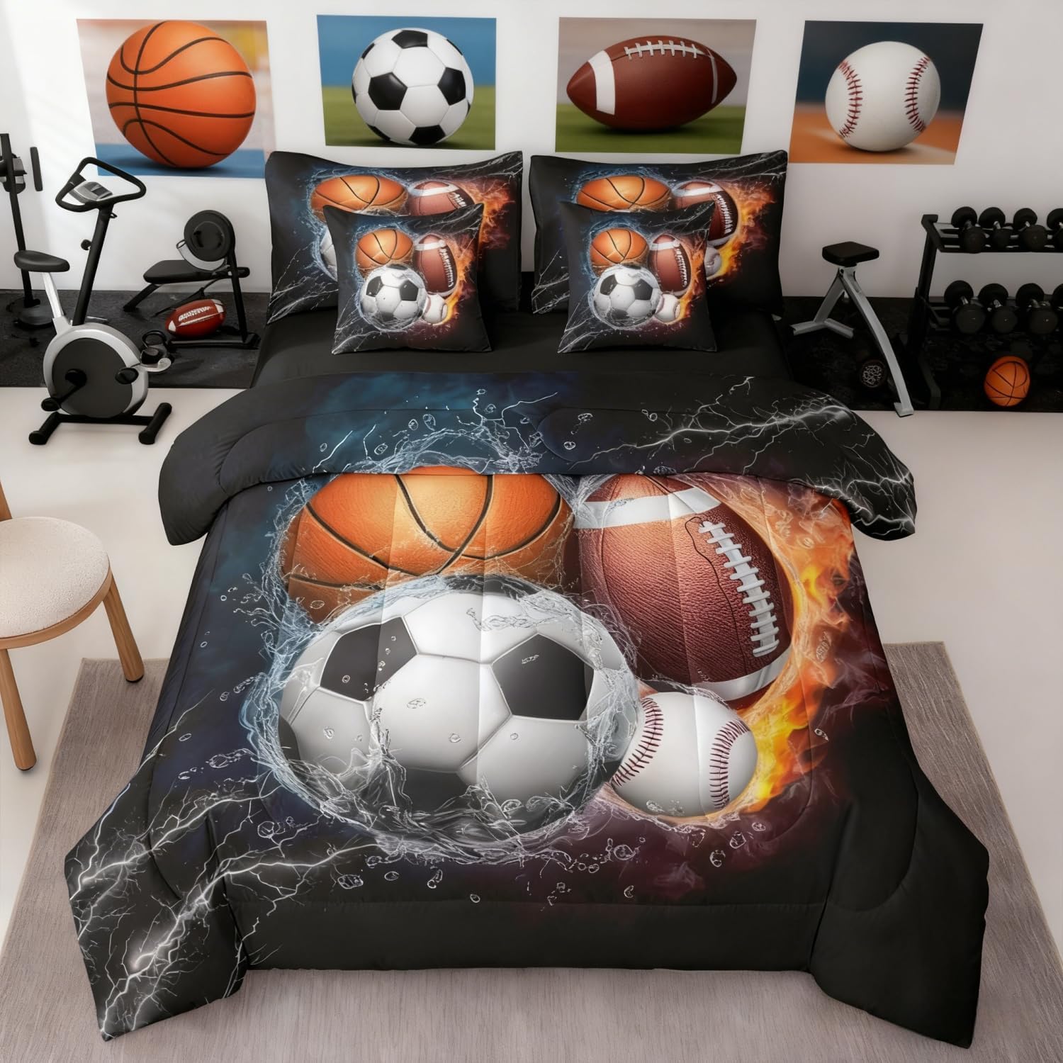 Erosebridal Football Bedding Set Twin Size 7 Pieces Kids Basketball Soccer Ball Pattern Bed Sets for Boys Girls Baseball Sports Theme Bed in A Bag with Comforter,Sheets,Pillowcases&Cushion Covers