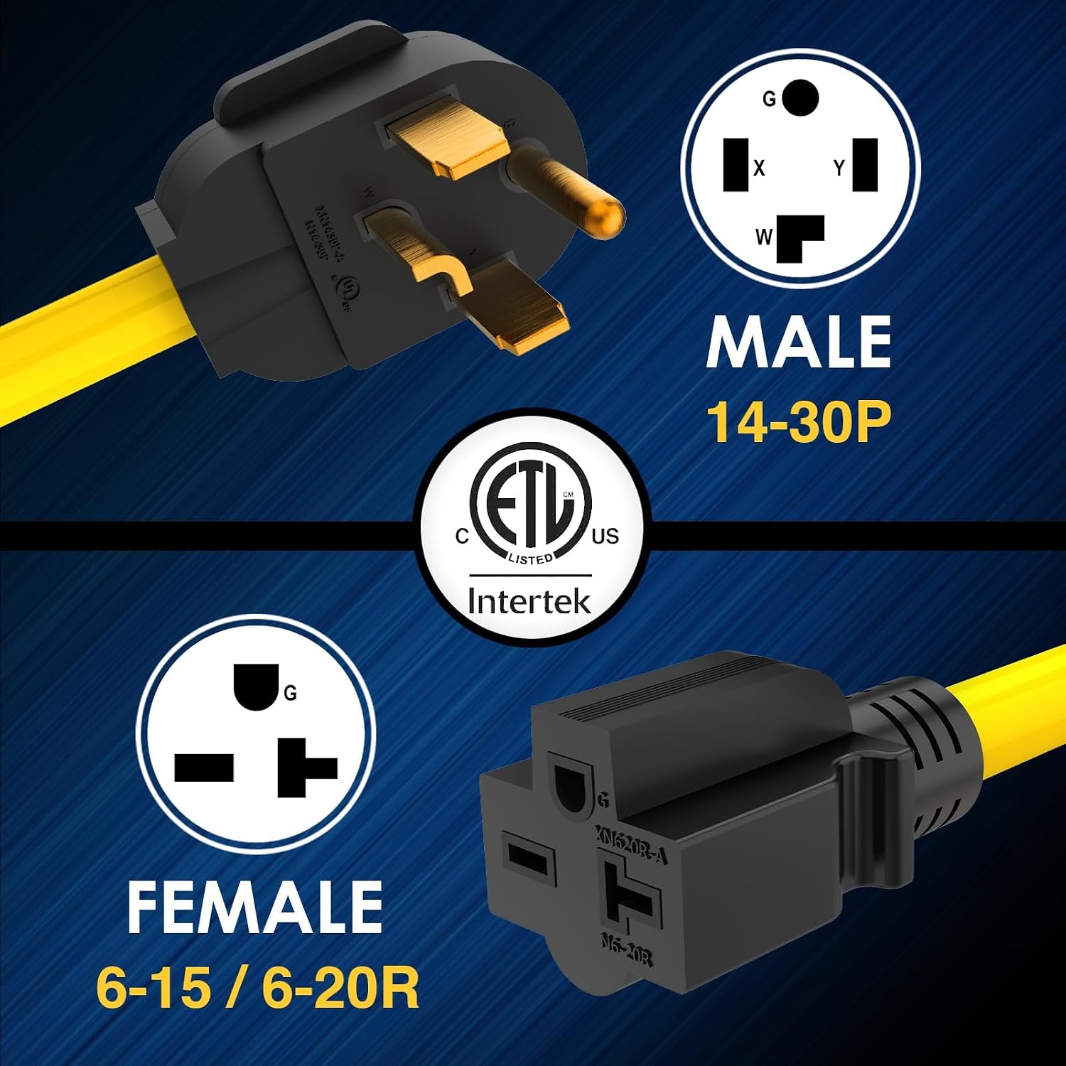 NEMA 14-30 to NEMA 6-20/6-15 Cord Adapter, STW 10 AWG, 3 Prong Dryer Adapter, 125V/250V, 30A to 20A/15A - Durable, Heavy-Duty Adapter for EV Charging 1FT